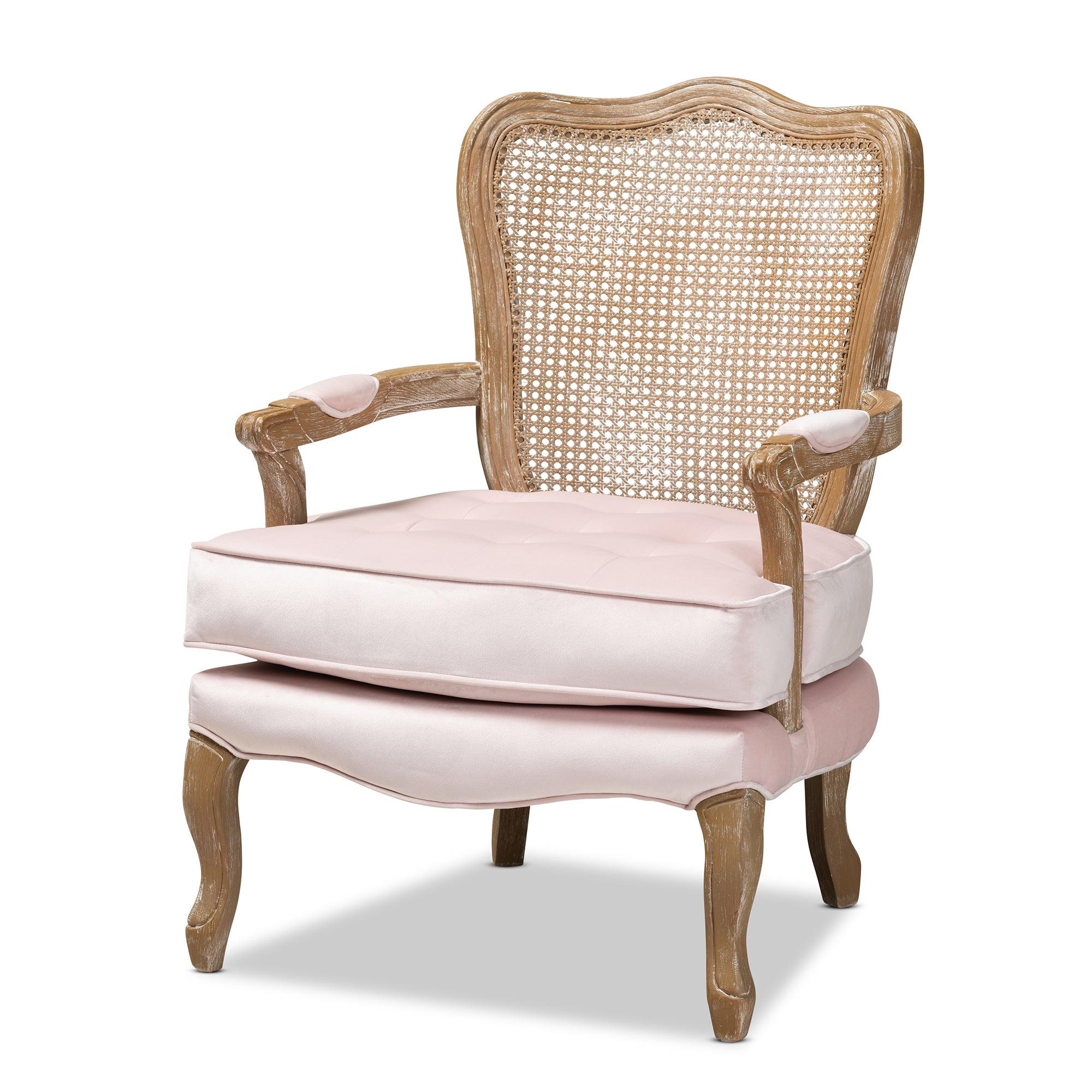 Vallea Traditional French Provincial Light Velvet Fabric Upholstered -Washed Wood Armchair