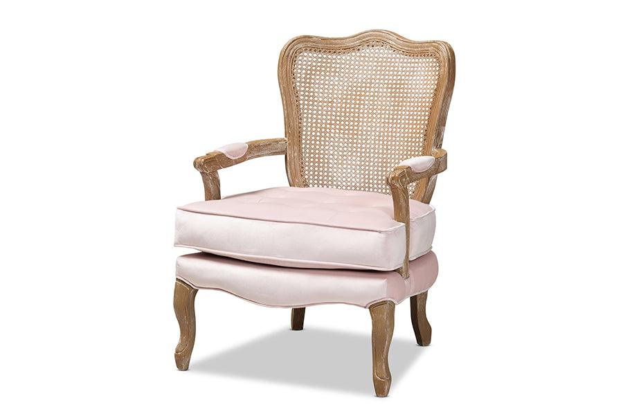 Vallea Traditional French Provincial Light Velvet Fabric Upholstered -Washed Wood Armchair