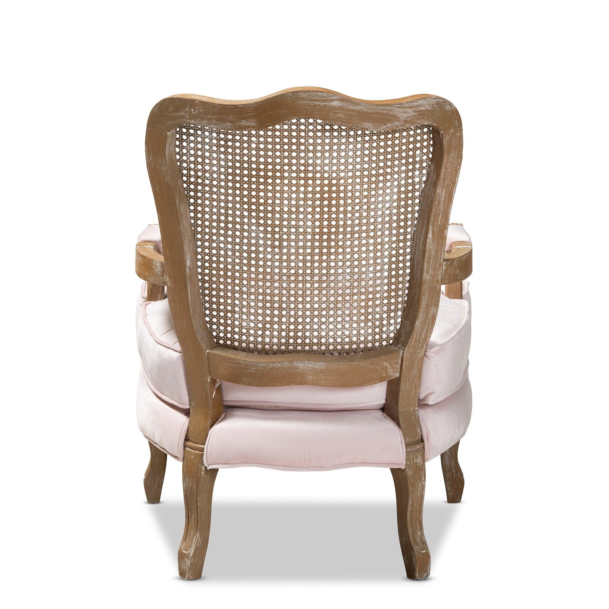 Vallea Traditional French Provincial Light Velvet Fabric Upholstered -Washed Wood Armchair