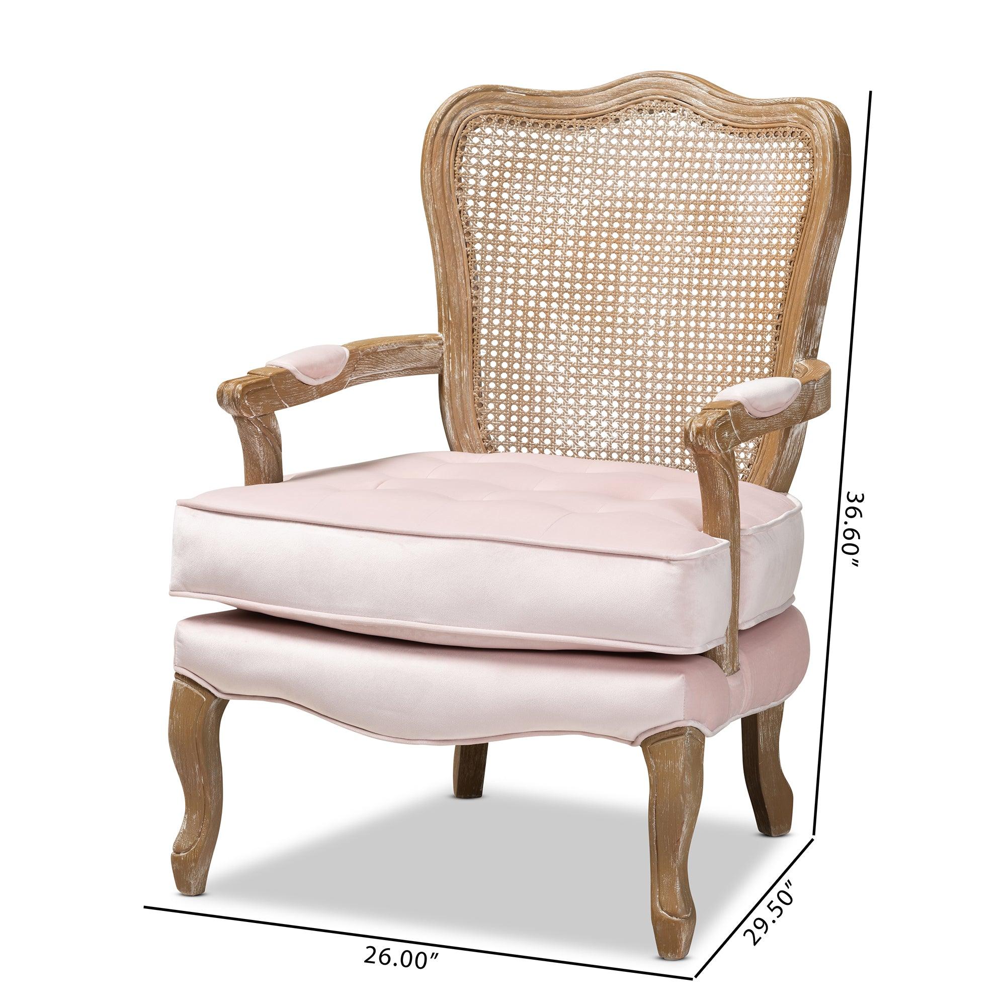 Vallea Traditional French Provincial Light Velvet Fabric Upholstered -Washed Wood Armchair