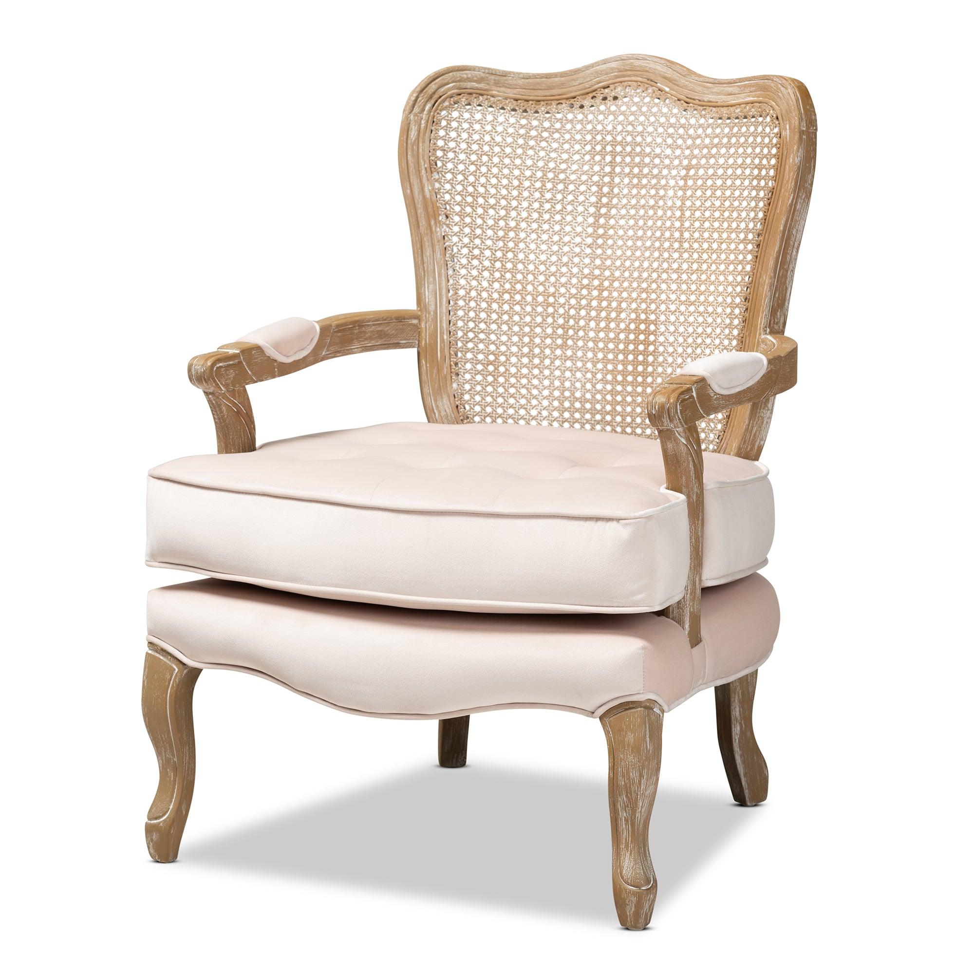 Vallea Traditional French Provincial Light Velvet Fabric Upholstered -Washed Wood Armchair