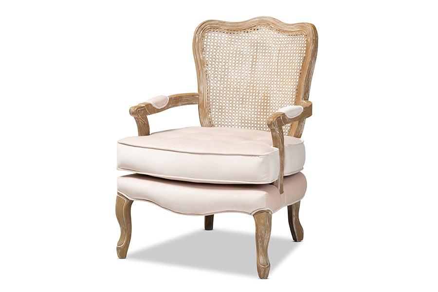 Vallea Traditional French Provincial Light Velvet Fabric Upholstered -Washed Wood Armchair