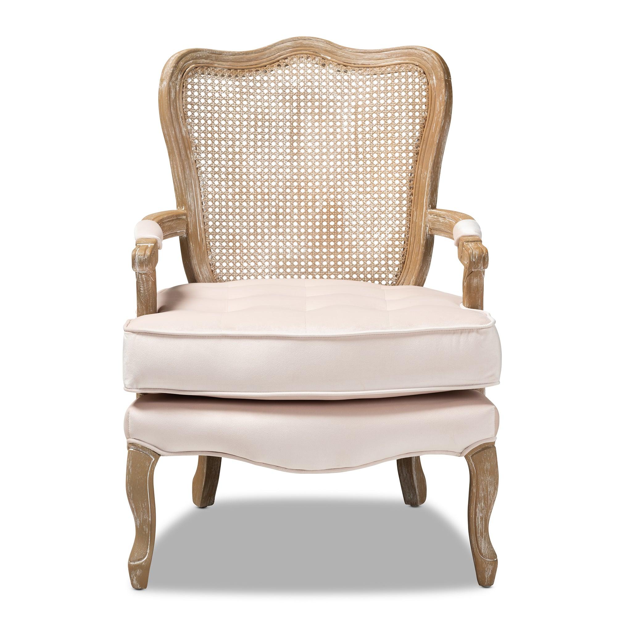 Vallea Traditional French Provincial Light Velvet Fabric Upholstered -Washed Wood Armchair