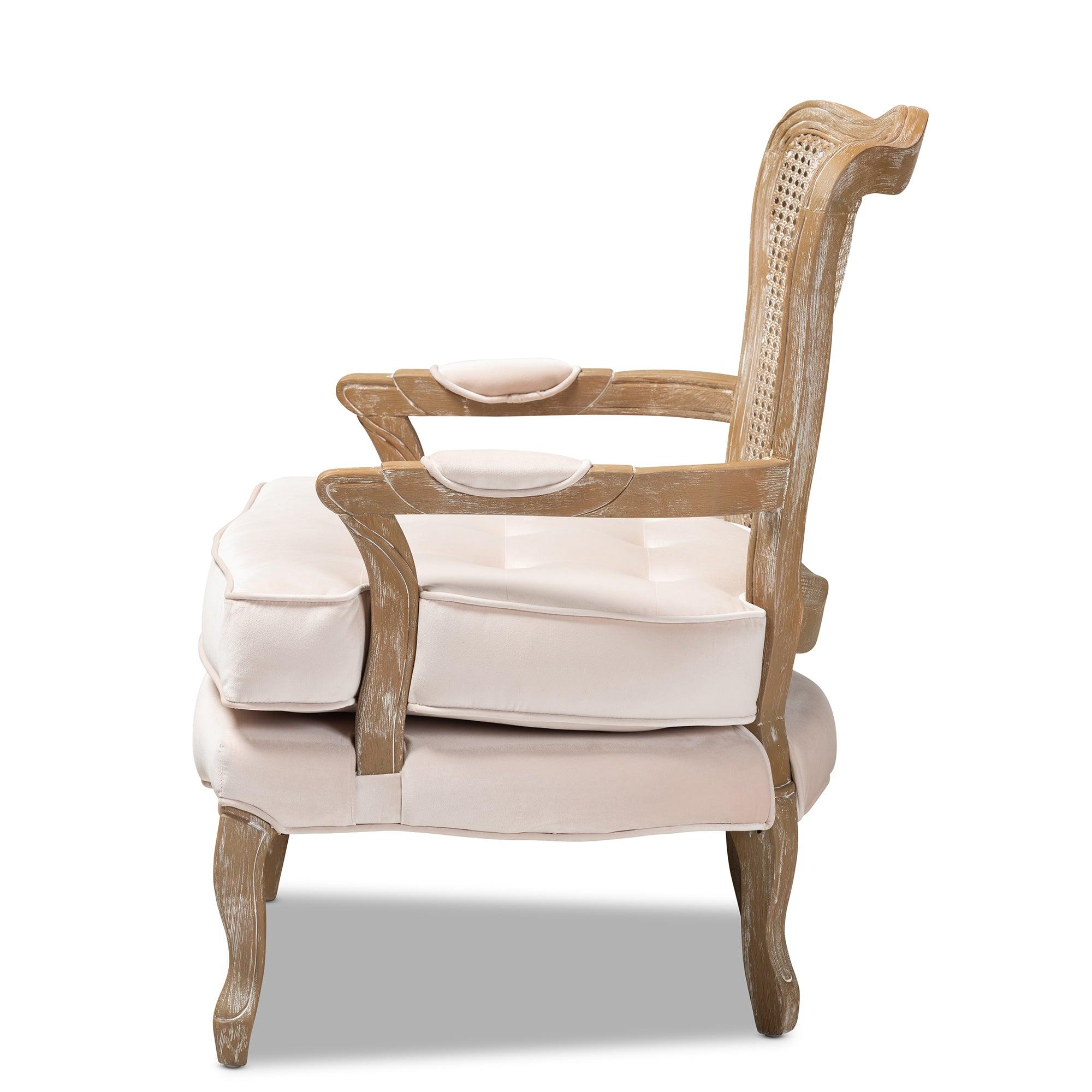 Vallea Traditional French Provincial Light Velvet Fabric Upholstered -Washed Wood Armchair