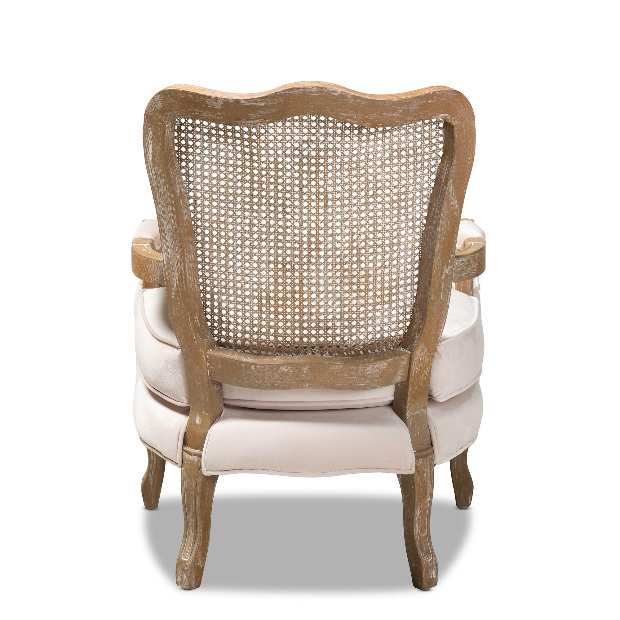 Vallea Traditional French Provincial Light Velvet Fabric Upholstered -Washed Wood Armchair