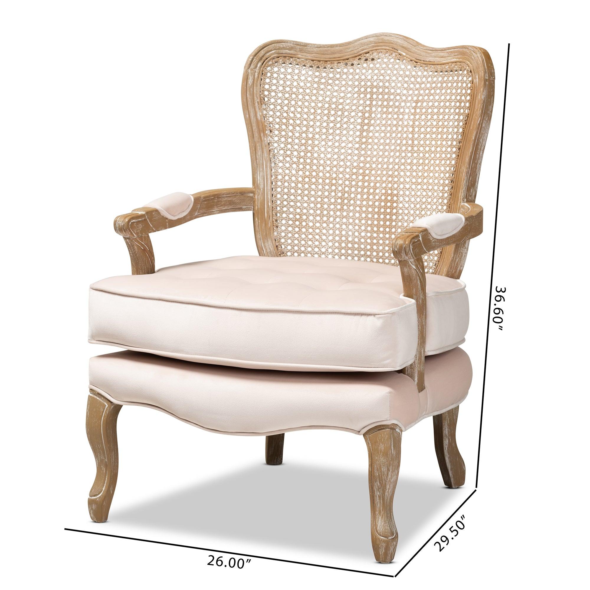 Vallea Traditional French Provincial Light Velvet Fabric Upholstered -Washed Wood Armchair