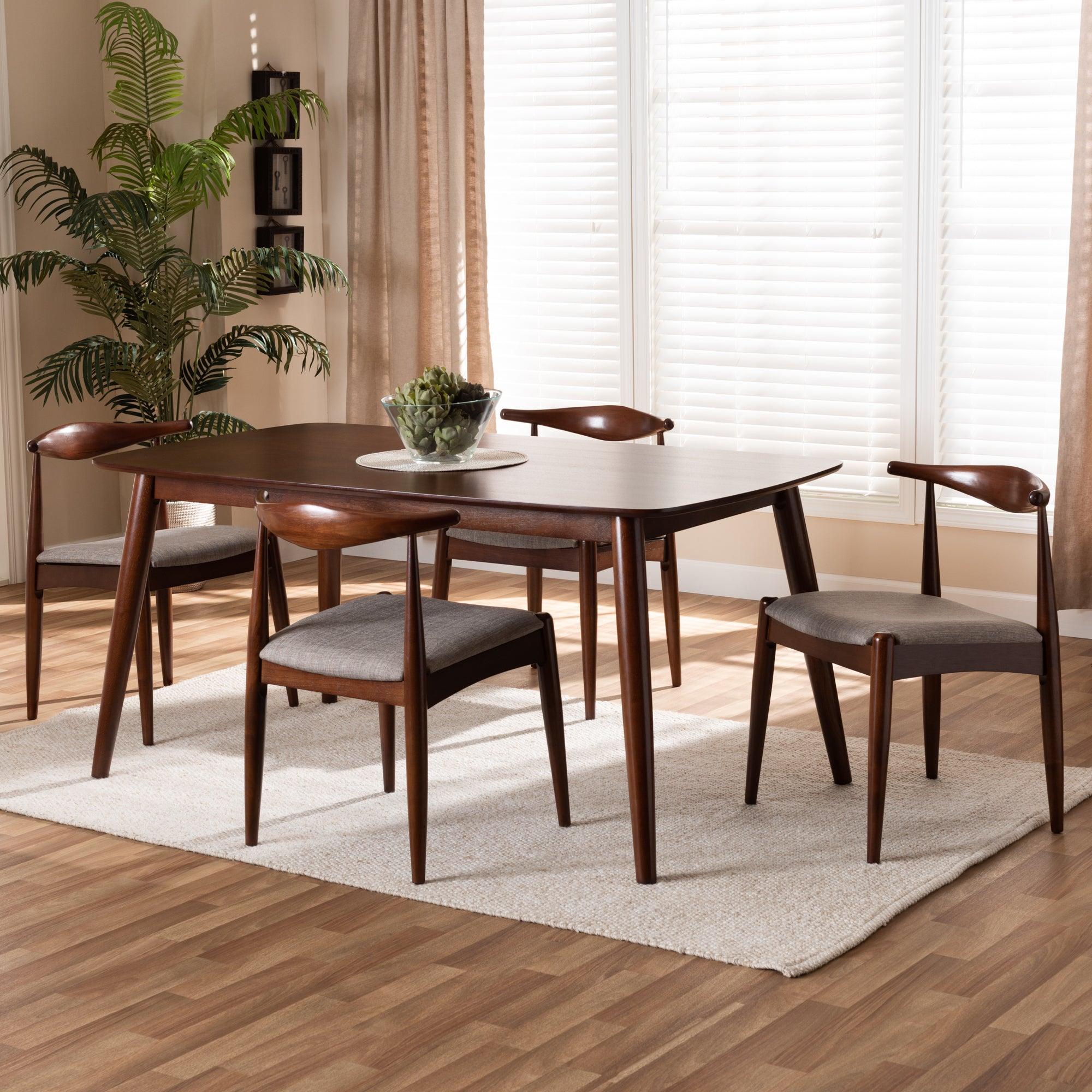 Amato Mid-Century Modern Light Fabric Upholstered Finished Wood 5-Piece Dining Set