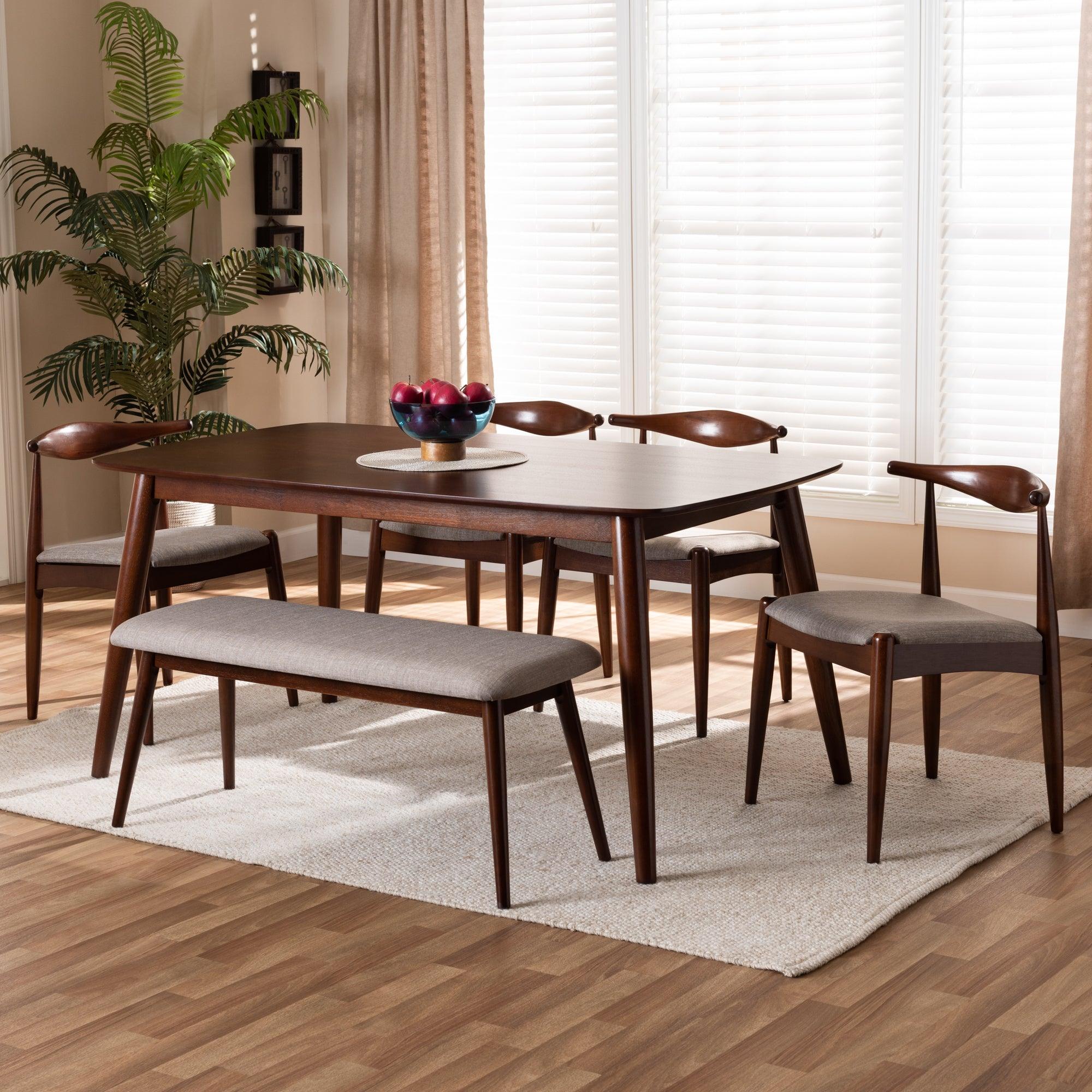 Amato Mid-Century Modern Light Fabric Upholstered Finished Wood 6-Piece Dining Set