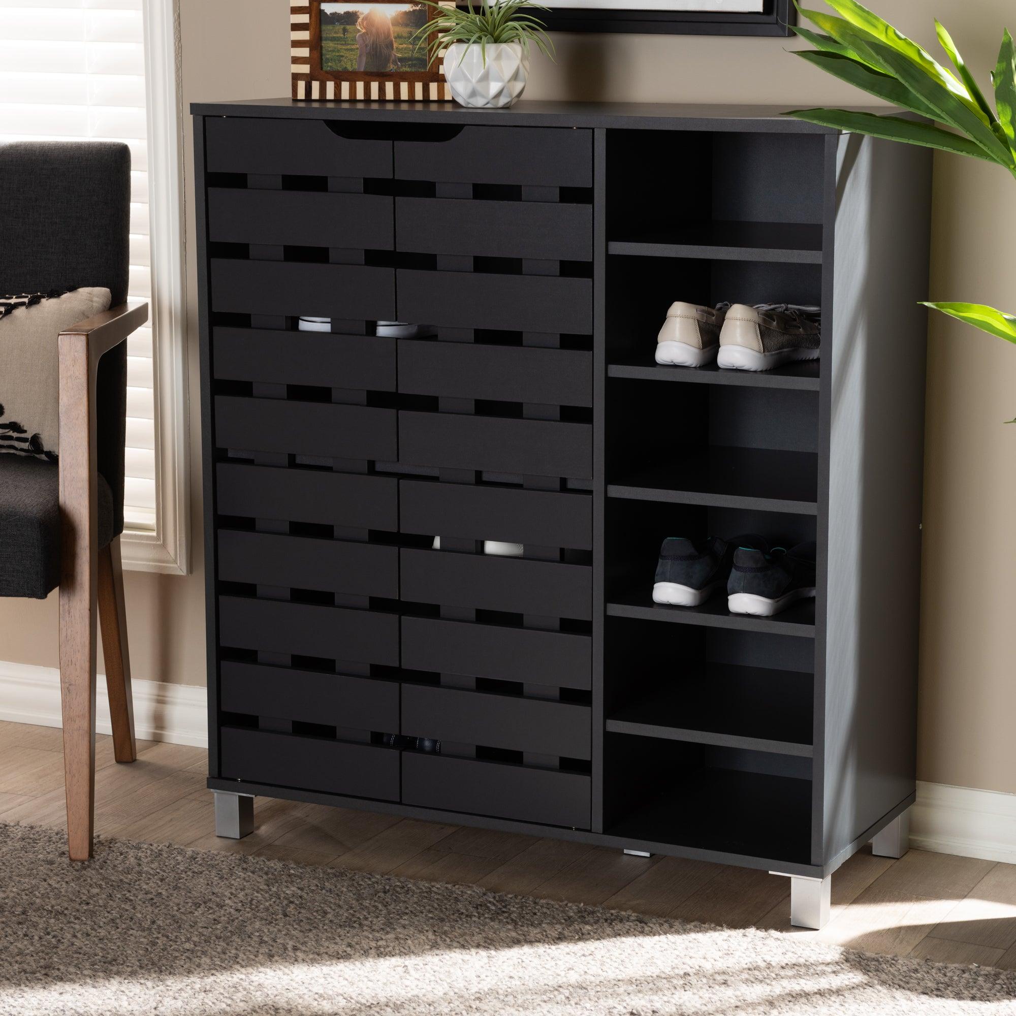 Shirley Modern and Contemporary Dark Finished 2-Door Wood Shoe Storage Cabinet with Open Shelves