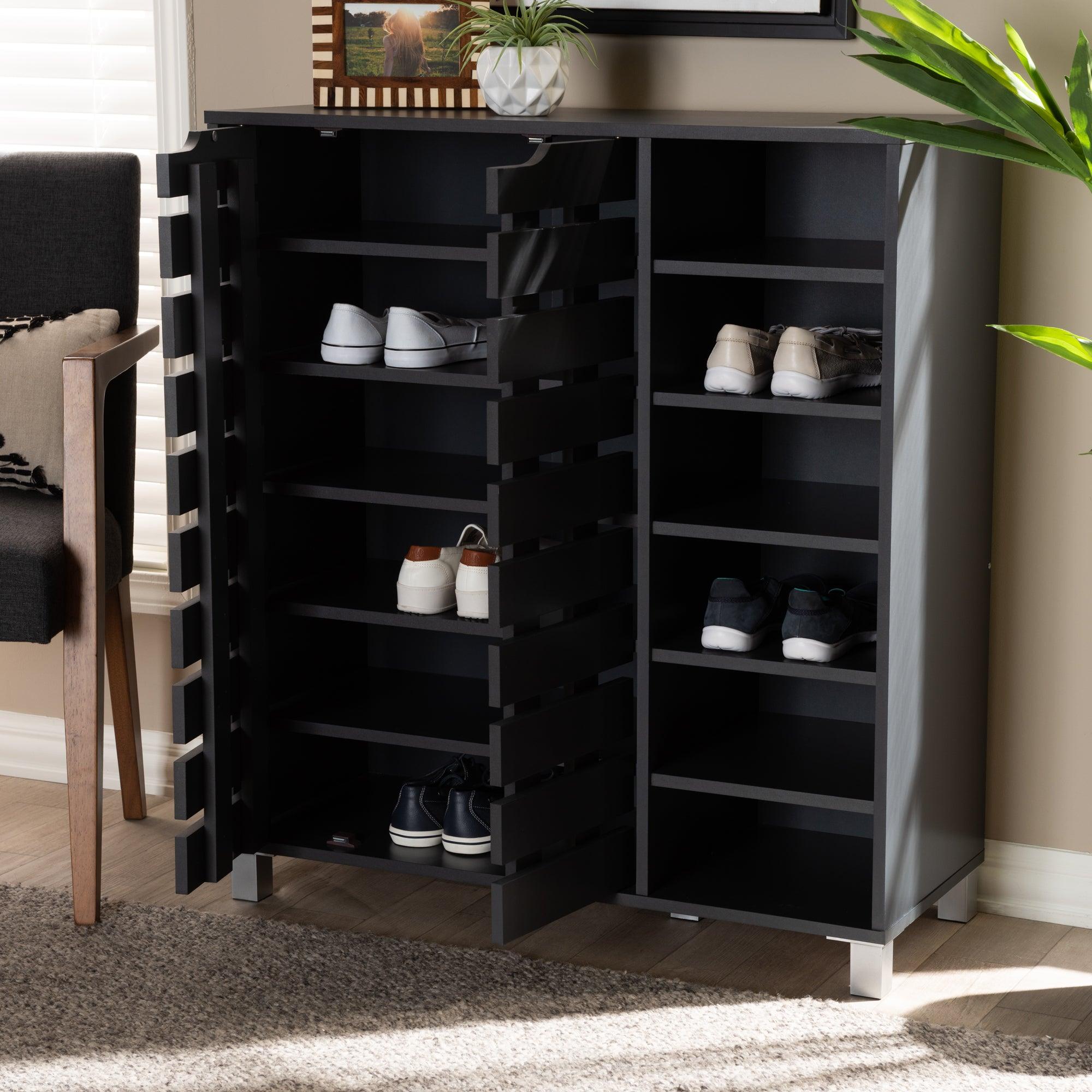 Shirley Modern and Contemporary Dark Finished 2-Door Wood Shoe Storage Cabinet with Open Shelves