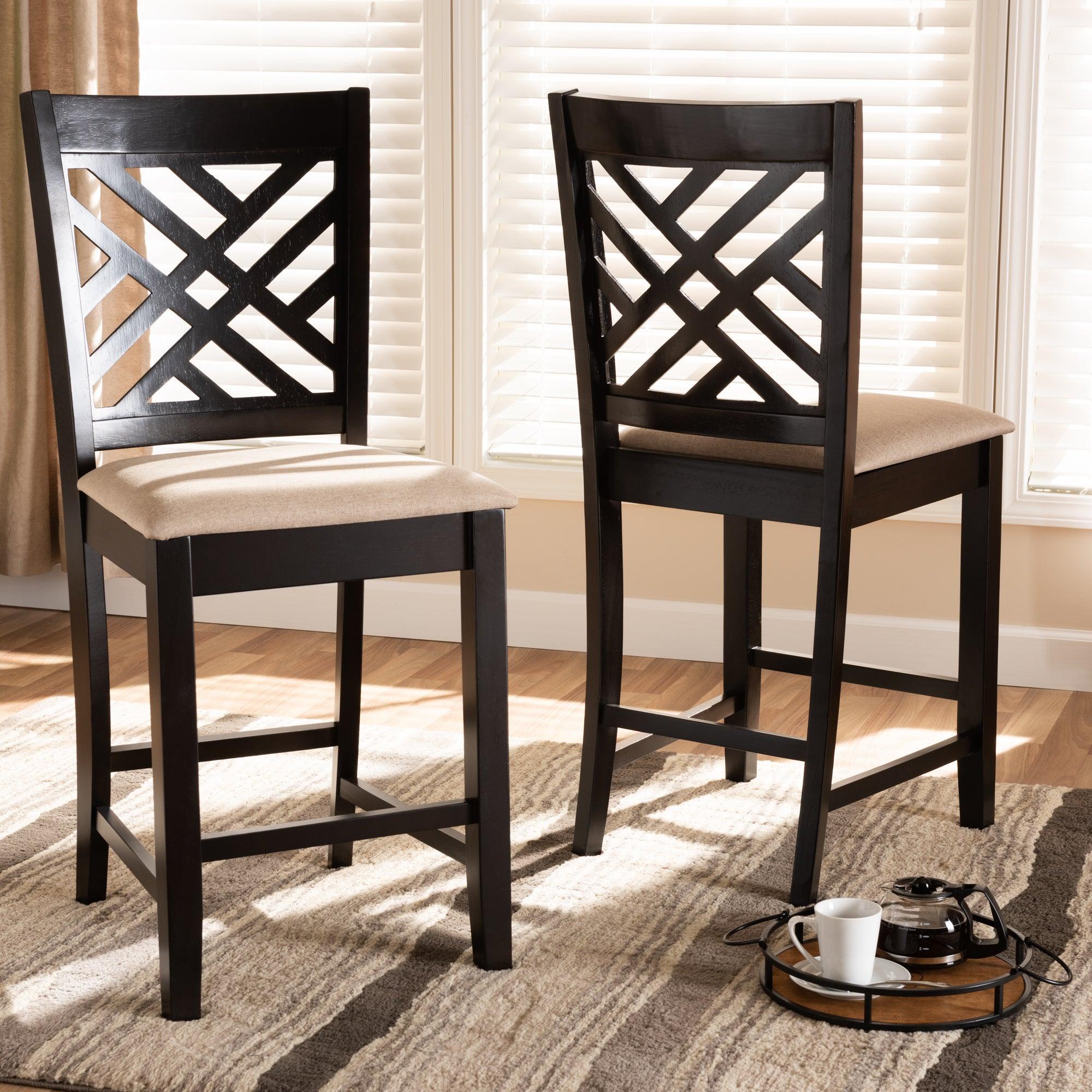 Caron Modern and Contemporary Sand Fabric Upholstered Espresso Finished Wood Counter Height 2-Piece Pub Chair Set