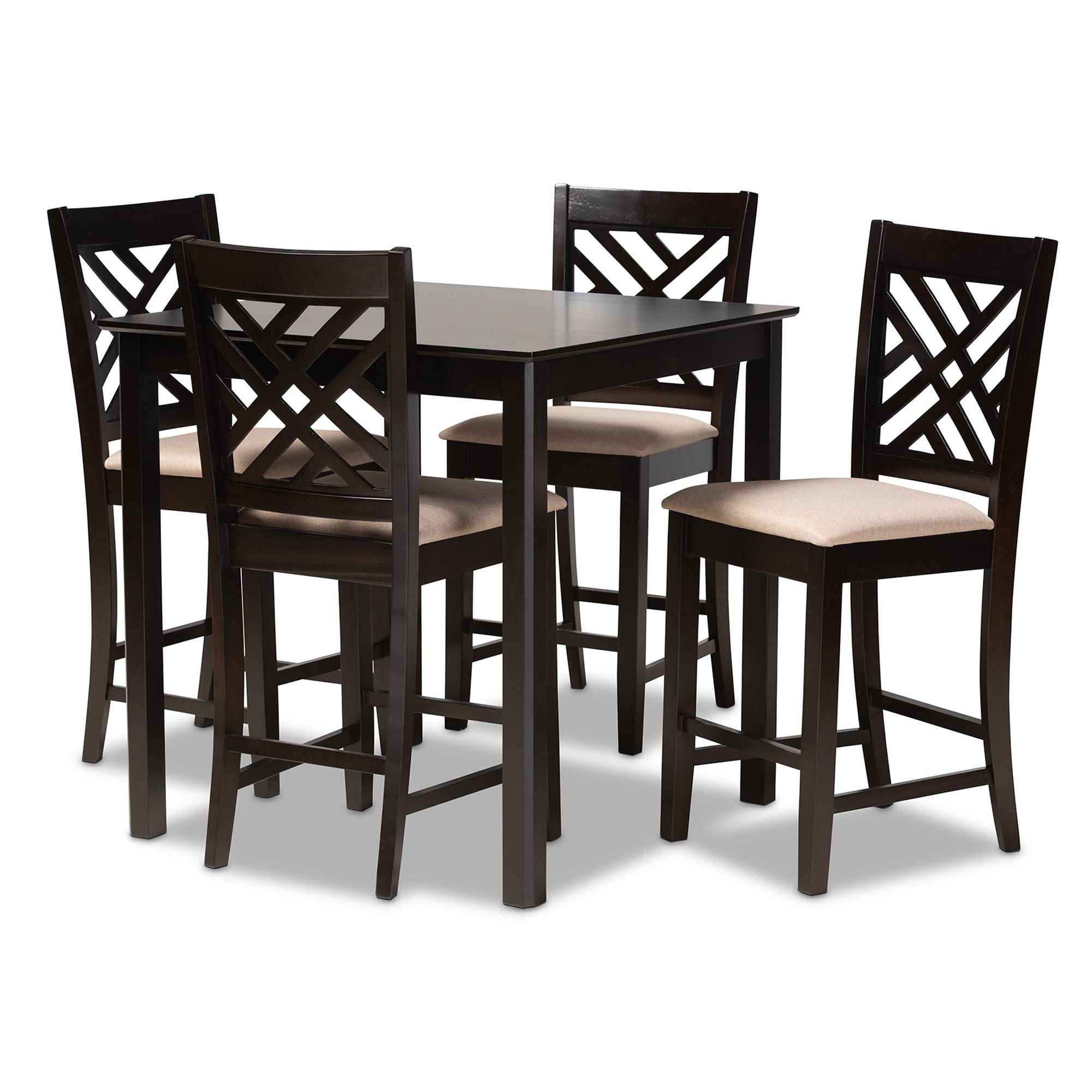 Caron Modern and Contemporary Sand Fabric Upholstered Espresso Finished 5-Piece Wood Pub Set