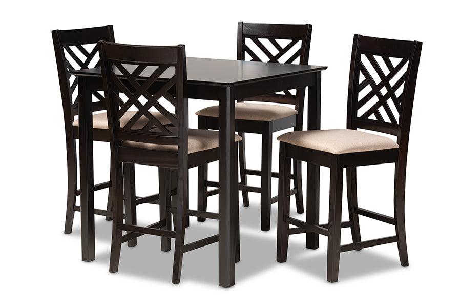 Caron Modern and Contemporary Sand Fabric Upholstered Espresso Finished 5-Piece Wood Pub Set