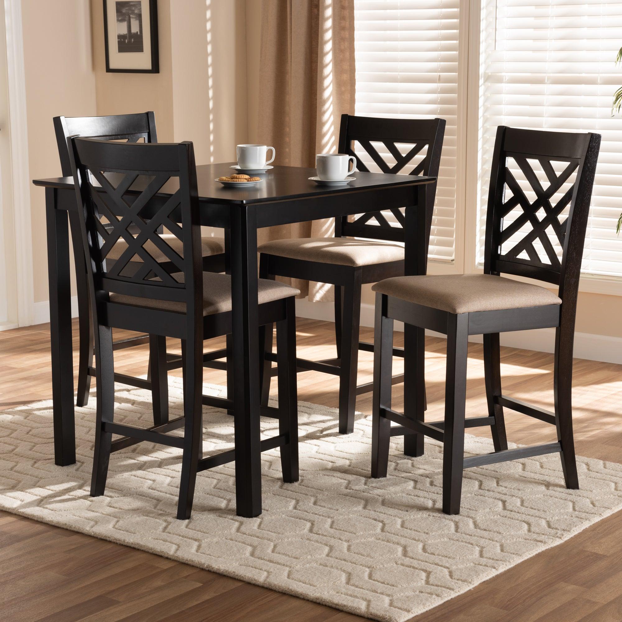 Caron Modern and Contemporary Sand Fabric Upholstered Espresso Finished 5-Piece Wood Pub Set