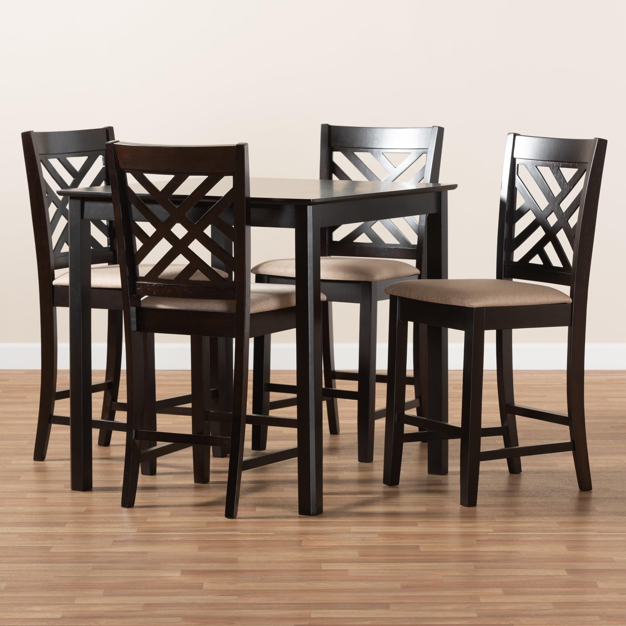 Caron Modern and Contemporary Sand Fabric Upholstered Espresso Finished 5-Piece Wood Pub Set