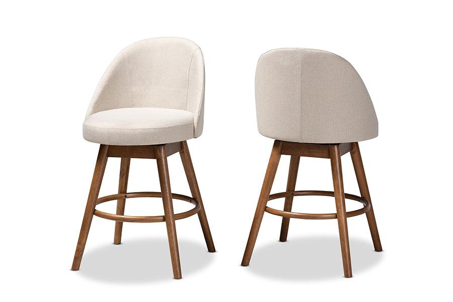 Carra Mid-Century Modern Light Fabric Upholstered -Finished Wood Swivel Counter Stool Set of 2