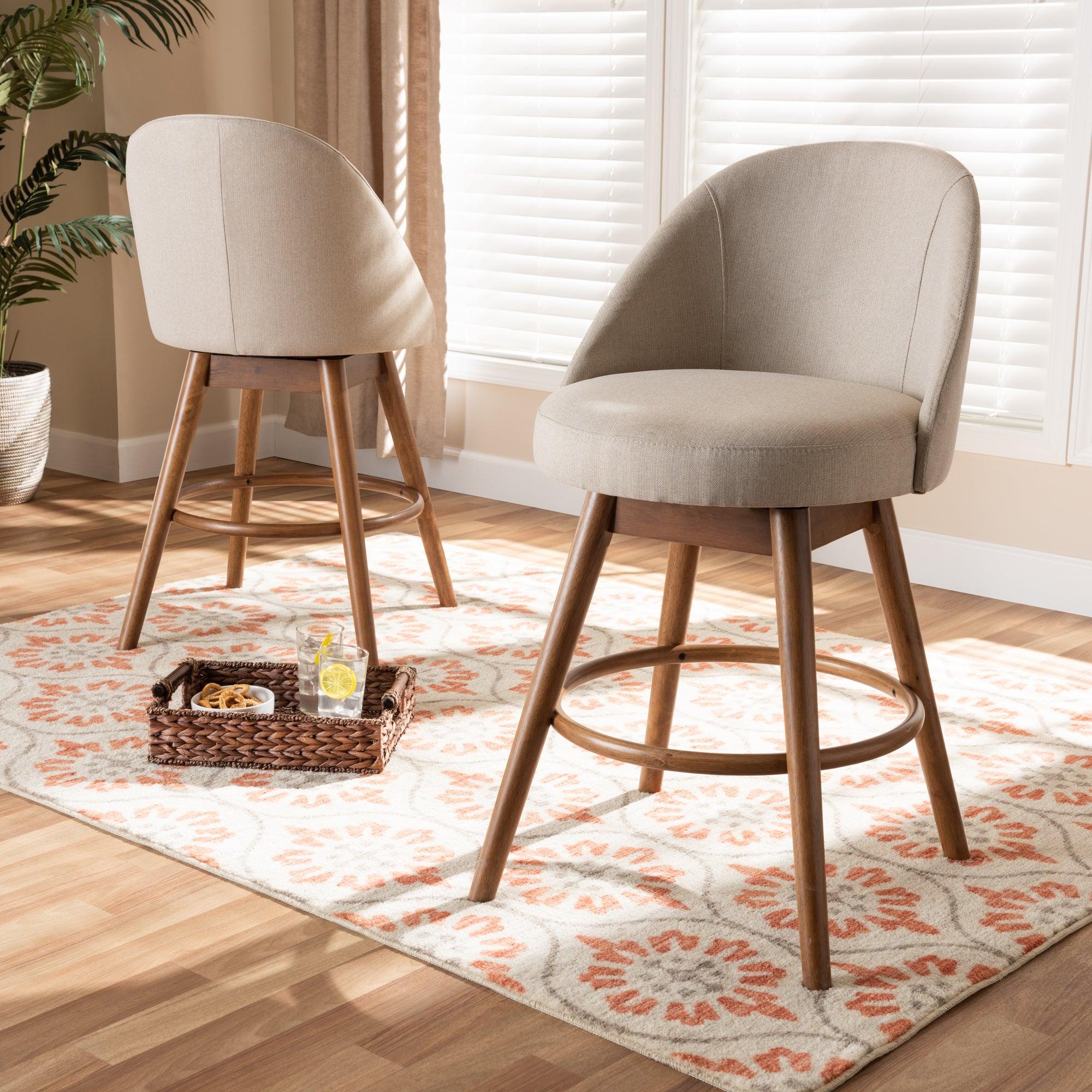 Carra Mid-Century Modern Light Fabric Upholstered -Finished Wood Swivel Counter Stool Set of 2