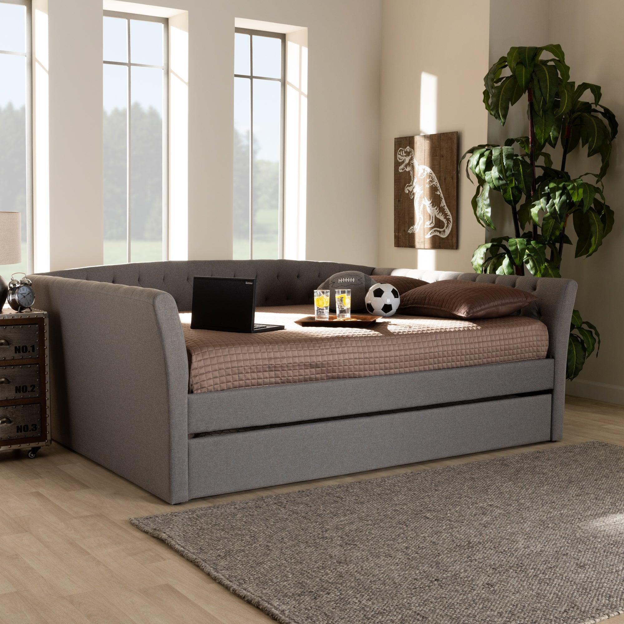 Delora Modern and Contemporary Light Fabric Upholstered Daybed with Roll-Out Trundle Bed