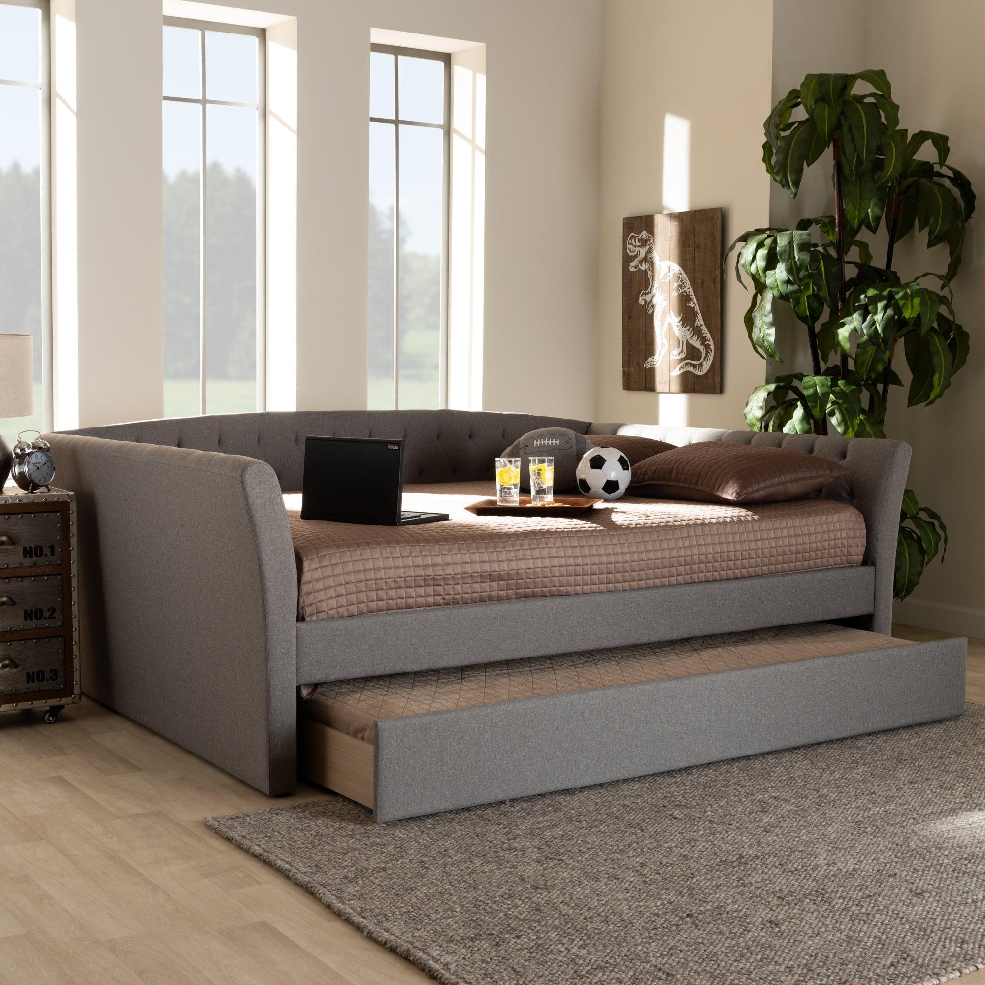 Delora Modern and Contemporary Light Fabric Upholstered Daybed with Roll-Out Trundle Bed