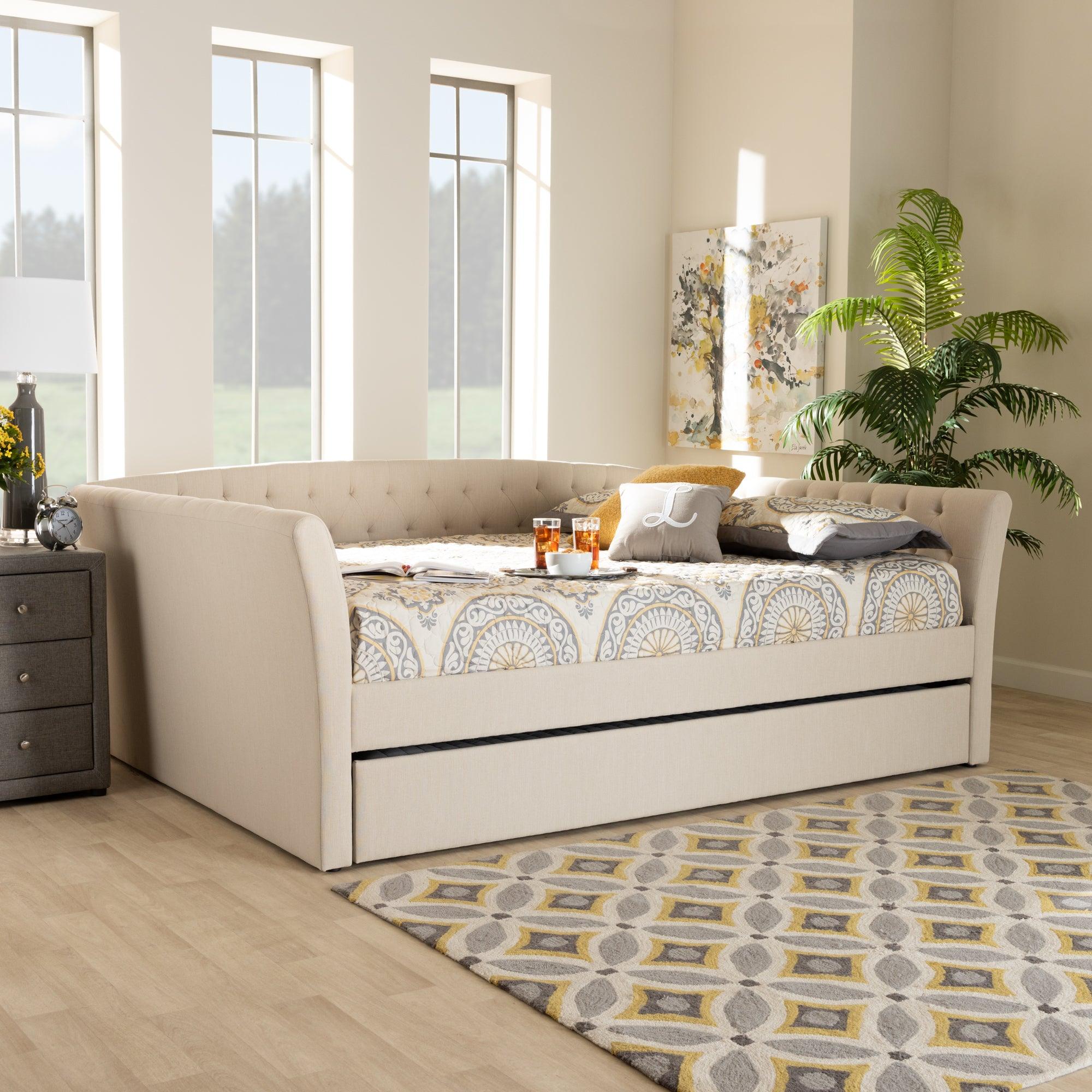 Delora Modern and Contemporary Fabric Upholstered Daybed with Roll-Out Trundle Bed