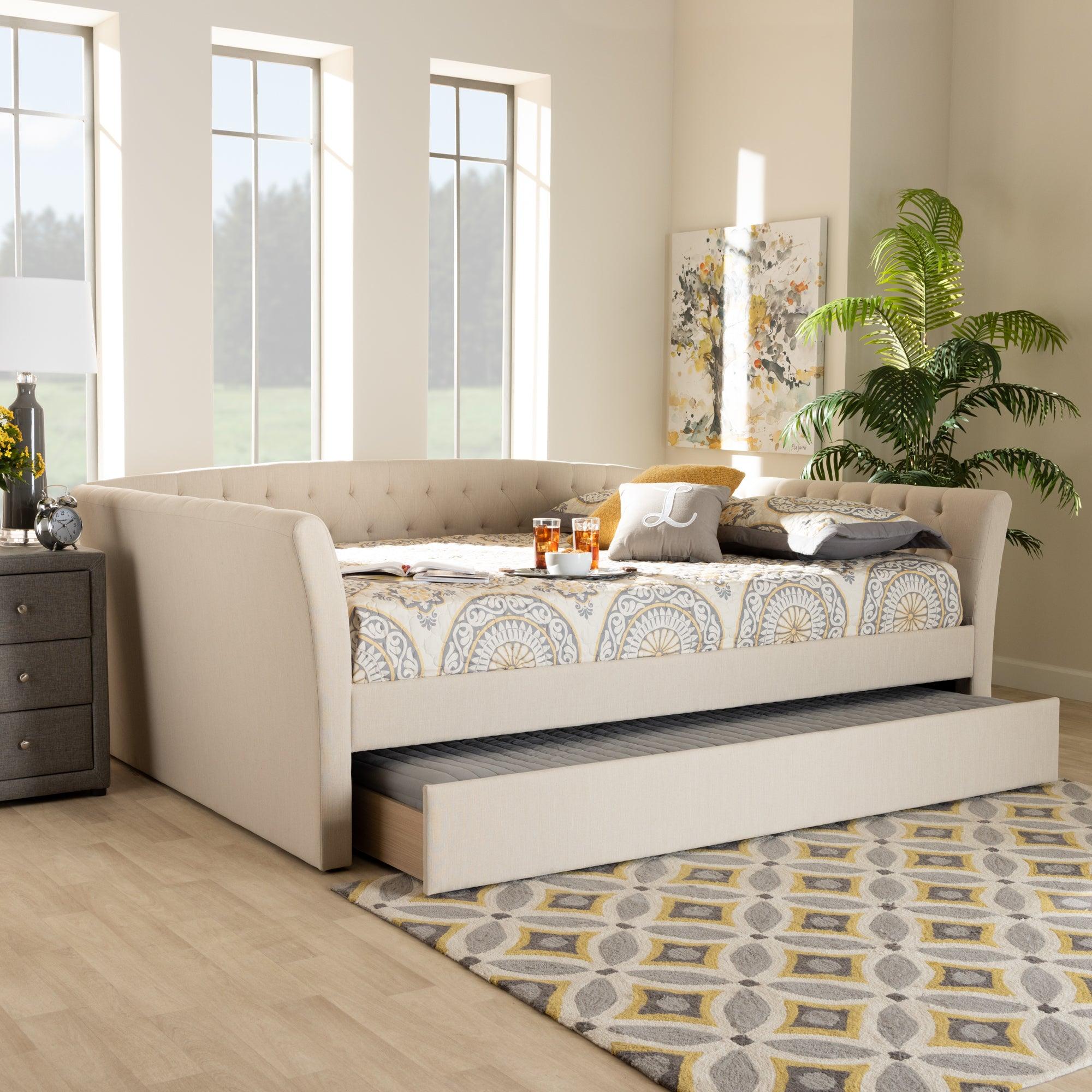 Delora Modern and Contemporary Fabric Upholstered Daybed with Roll-Out Trundle Bed