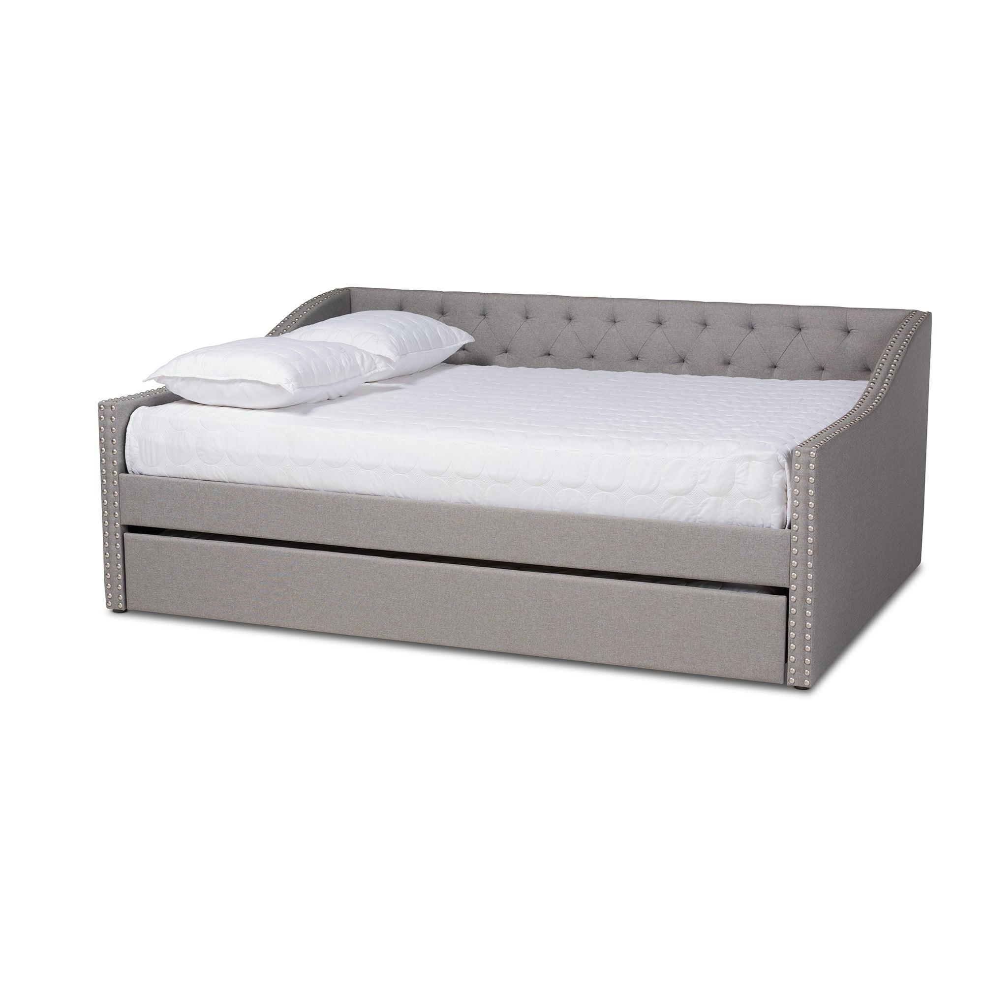 Haylie Modern and Contemporary Light Fabric Upholstered Daybed with Roll-Out Trundle Bed