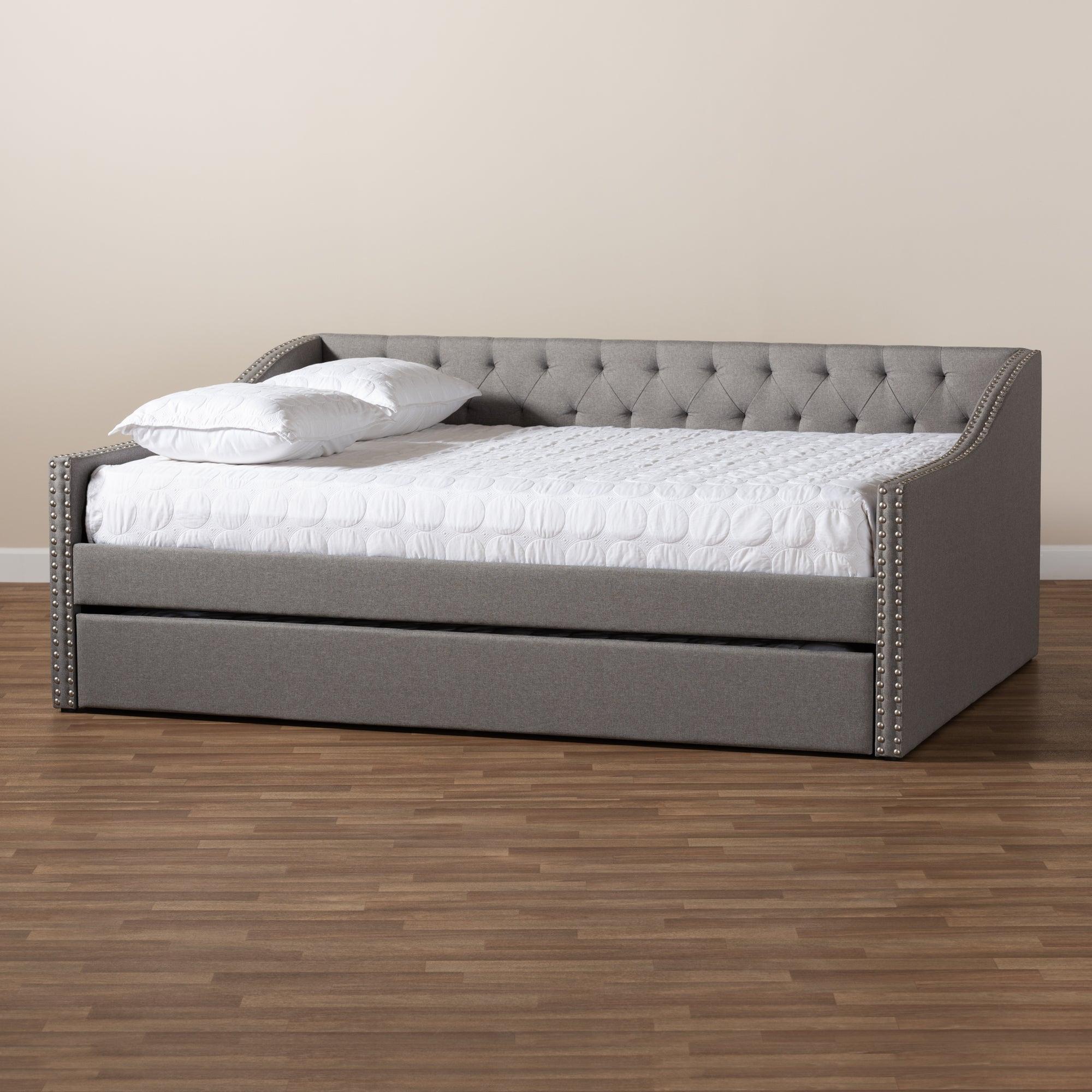 Haylie Modern and Contemporary Light Fabric Upholstered Daybed with Roll-Out Trundle Bed