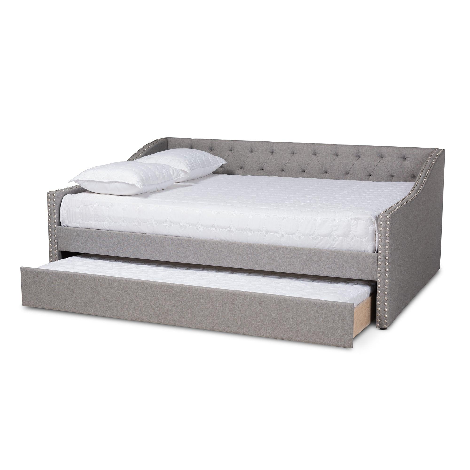 Haylie Modern and Contemporary Light Fabric Upholstered Daybed with Roll-Out Trundle Bed