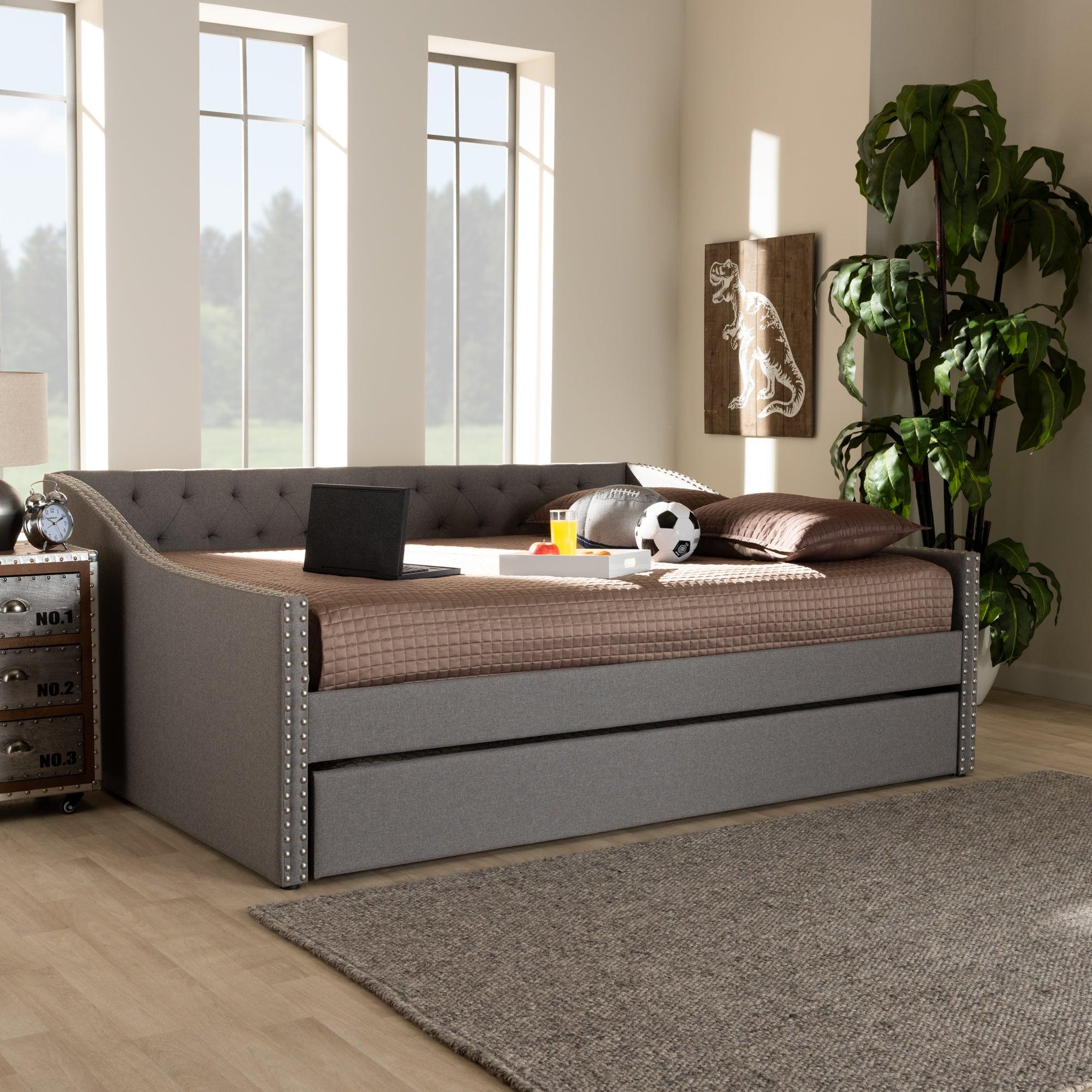 Haylie Modern and Contemporary Light Fabric Upholstered Daybed with Roll-Out Trundle Bed