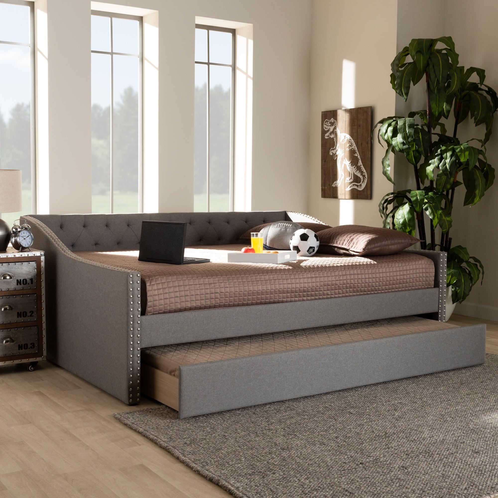 Haylie Modern and Contemporary Light Fabric Upholstered Daybed with Roll-Out Trundle Bed