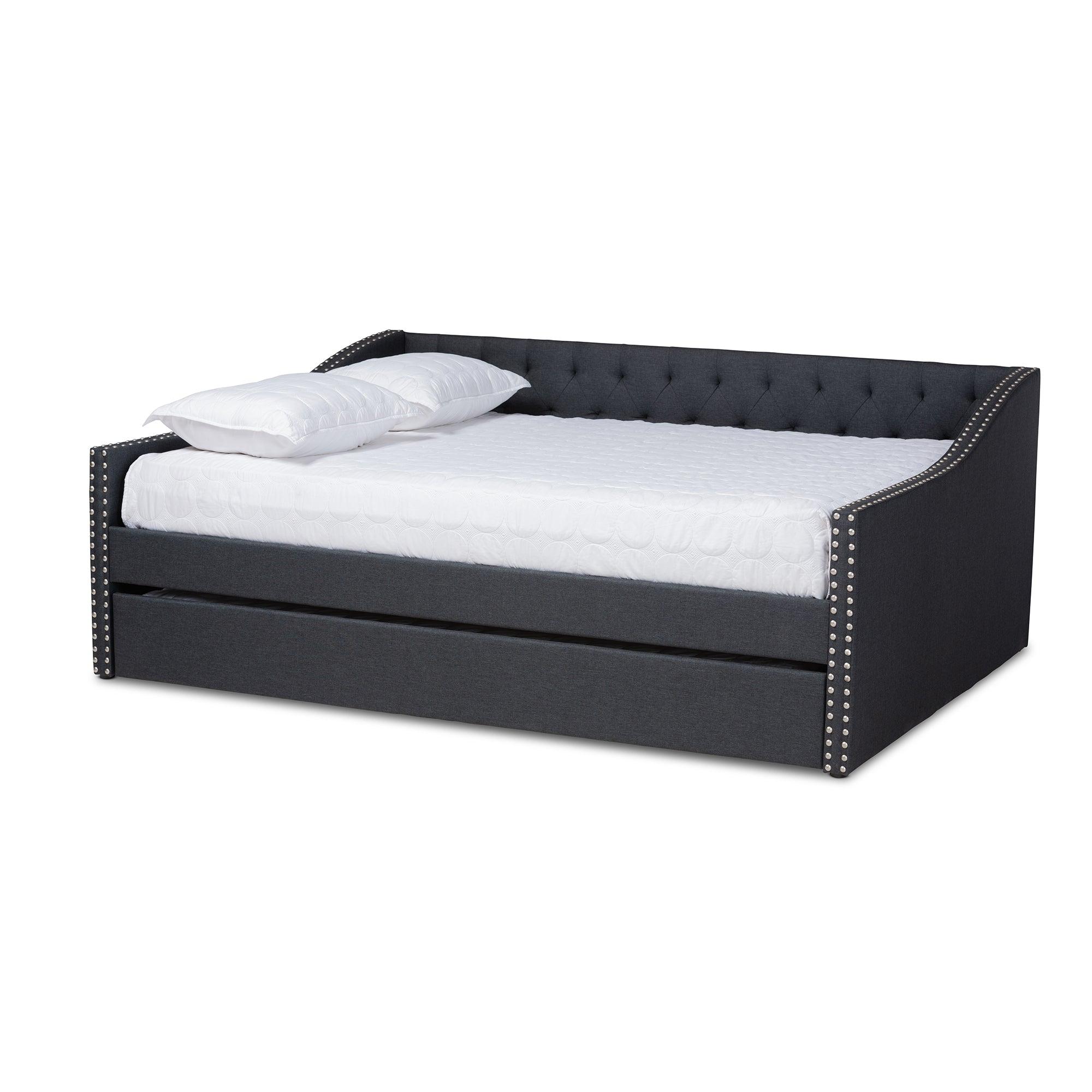 Haylie Modern and Contemporary Dark Fabric Upholstered Daybed with Roll-Out Trundle Bed