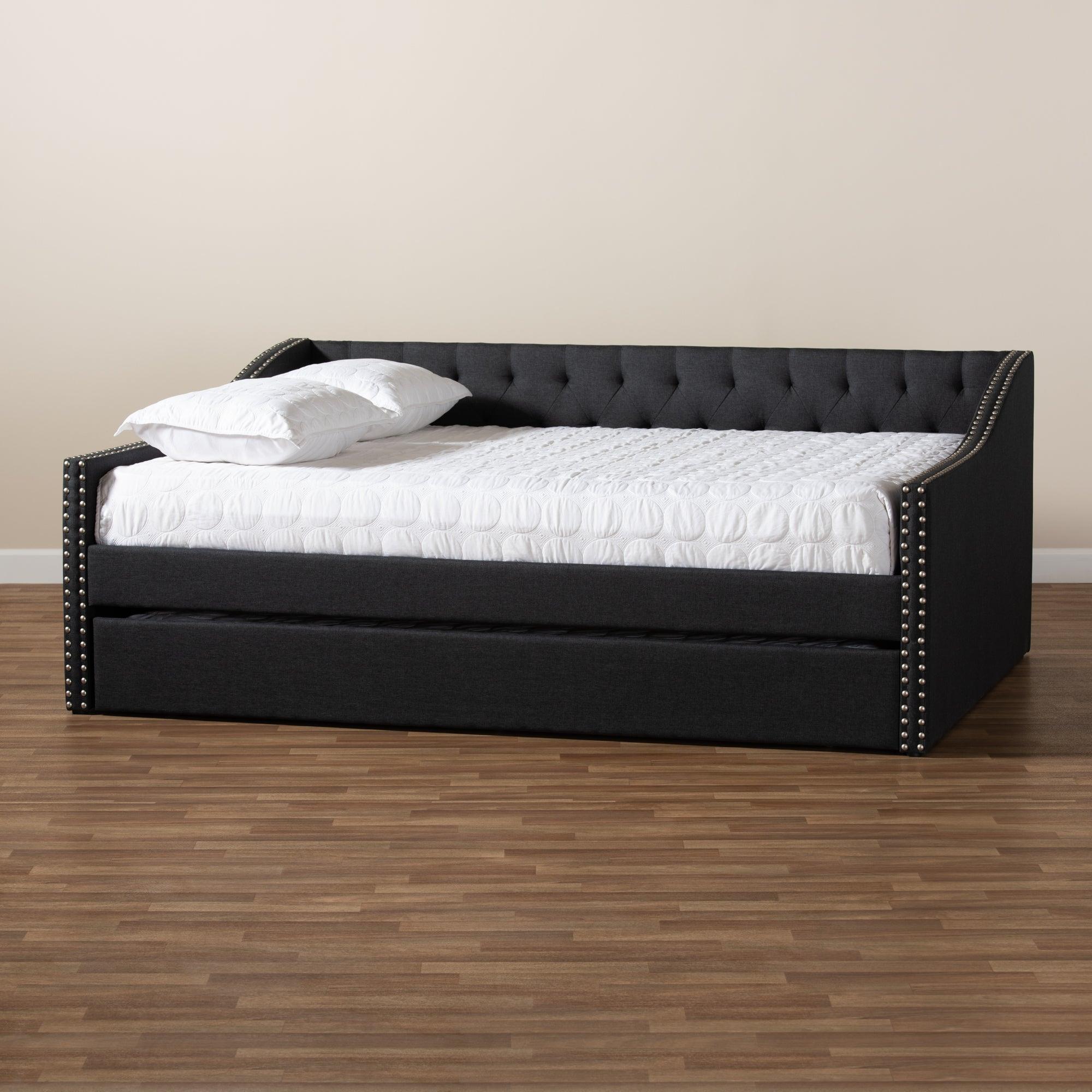 Haylie Modern and Contemporary Dark Fabric Upholstered Daybed with Roll-Out Trundle Bed