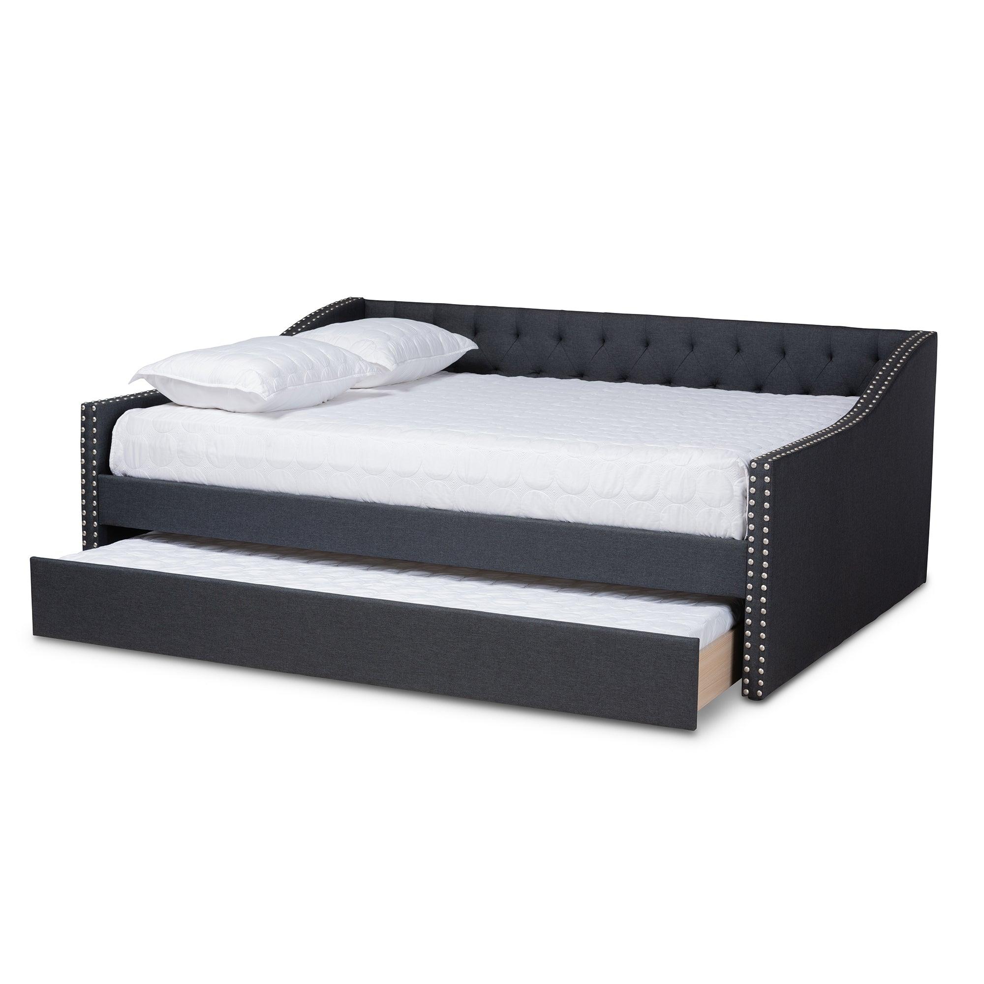 Haylie Modern and Contemporary Dark Fabric Upholstered Daybed with Roll-Out Trundle Bed