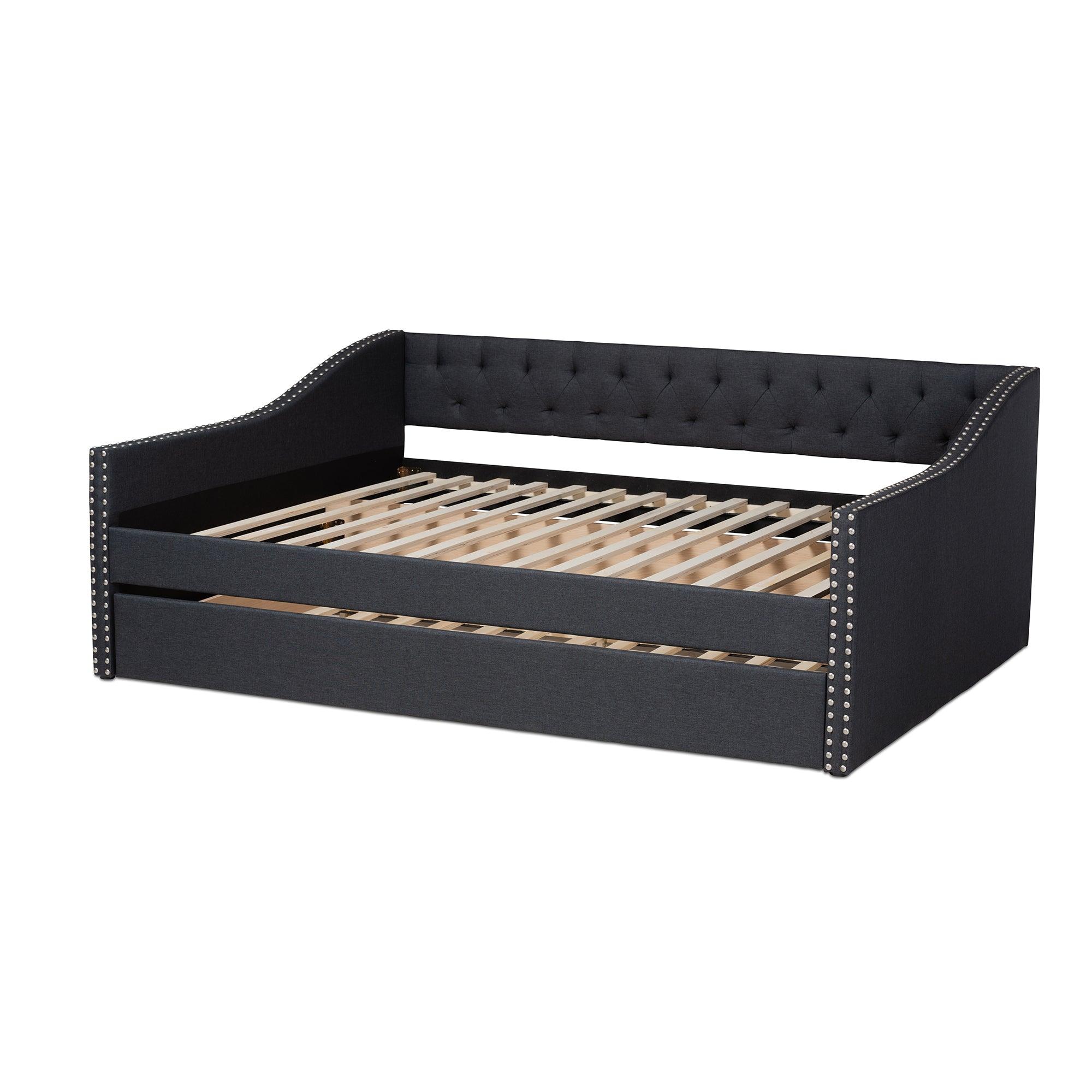 Haylie Modern and Contemporary Dark Fabric Upholstered Daybed with Roll-Out Trundle Bed