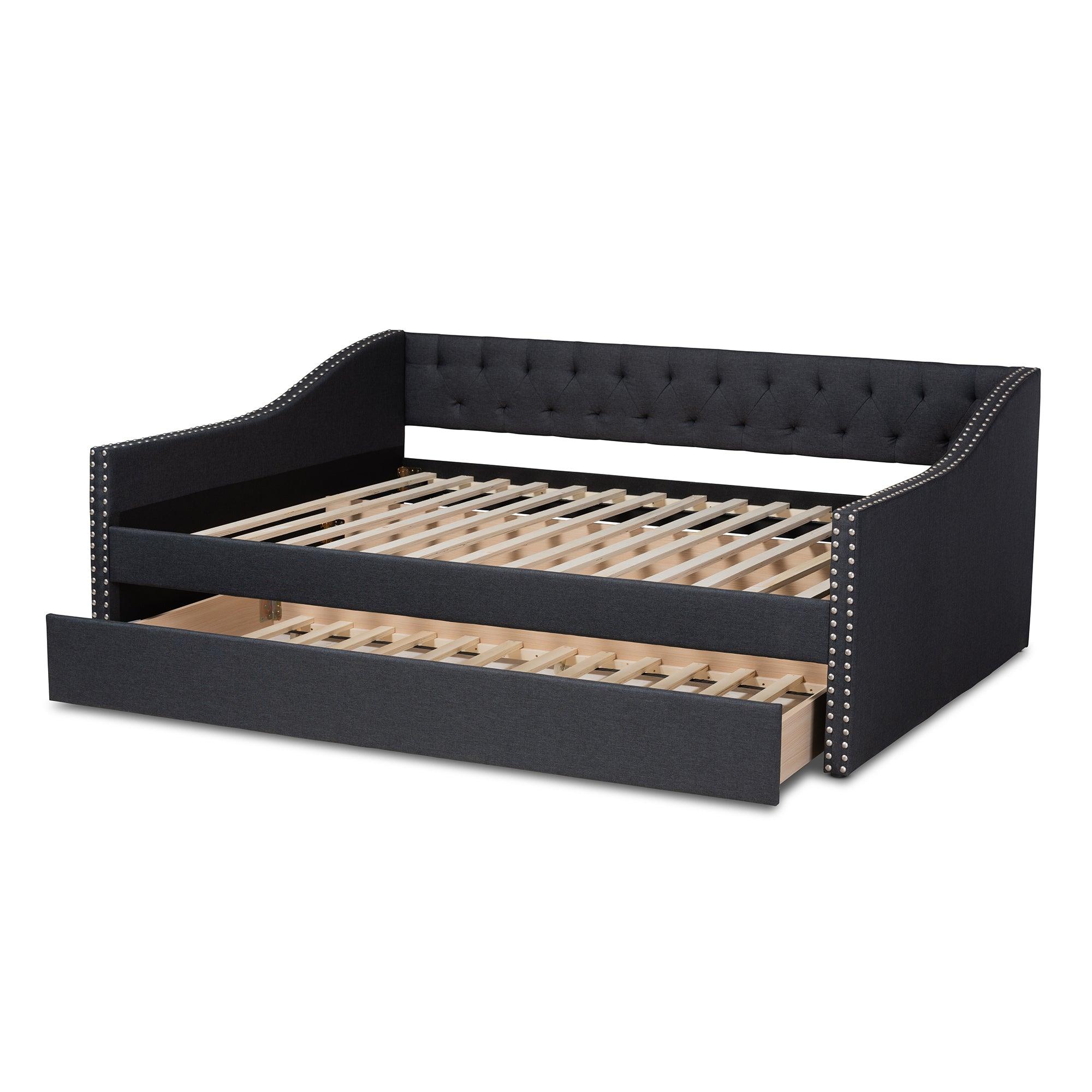 Haylie Modern and Contemporary Dark Fabric Upholstered Daybed with Roll-Out Trundle Bed