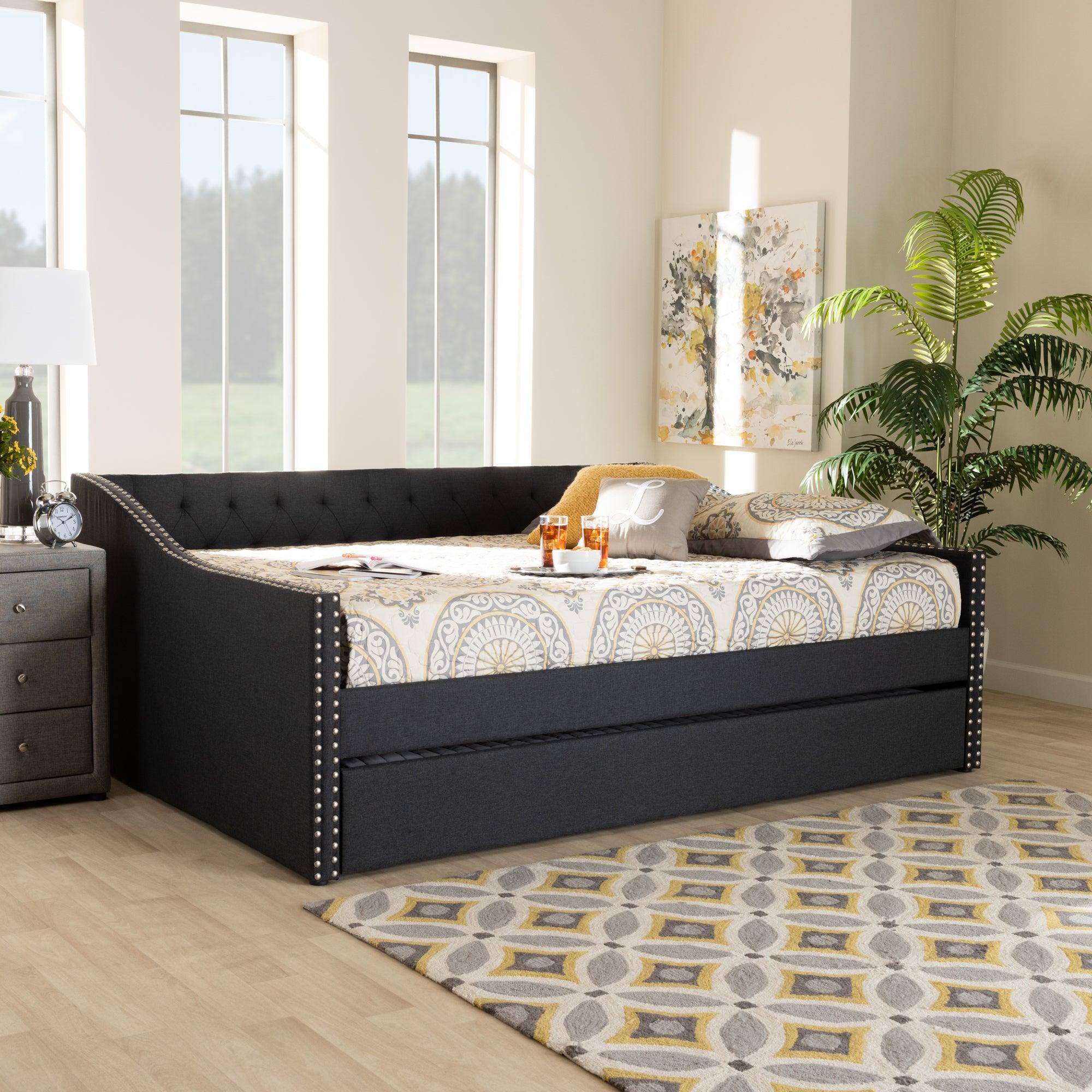 Haylie Modern and Contemporary Dark Fabric Upholstered Daybed with Roll-Out Trundle Bed