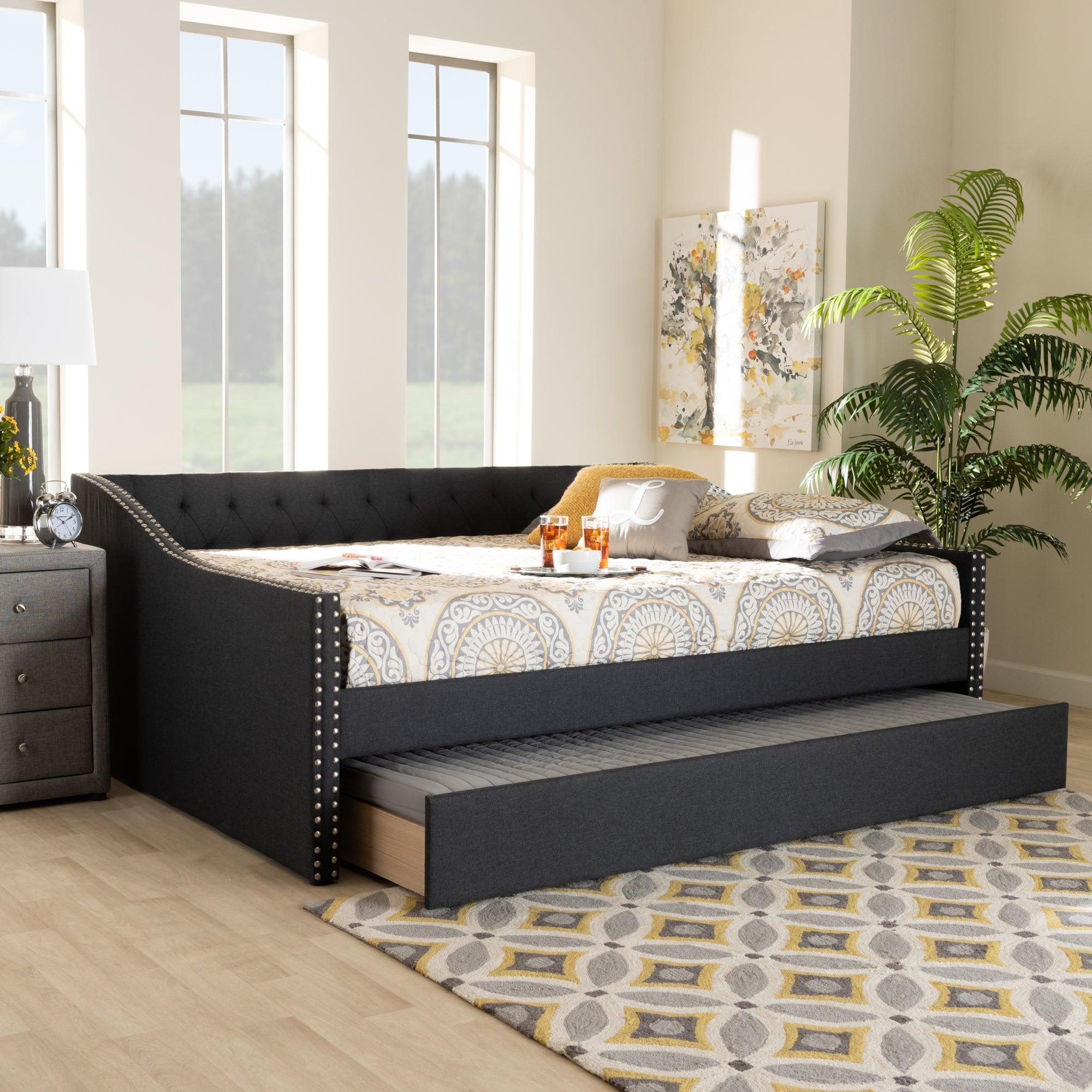 Haylie Modern and Contemporary Dark Fabric Upholstered Daybed with Roll-Out Trundle Bed