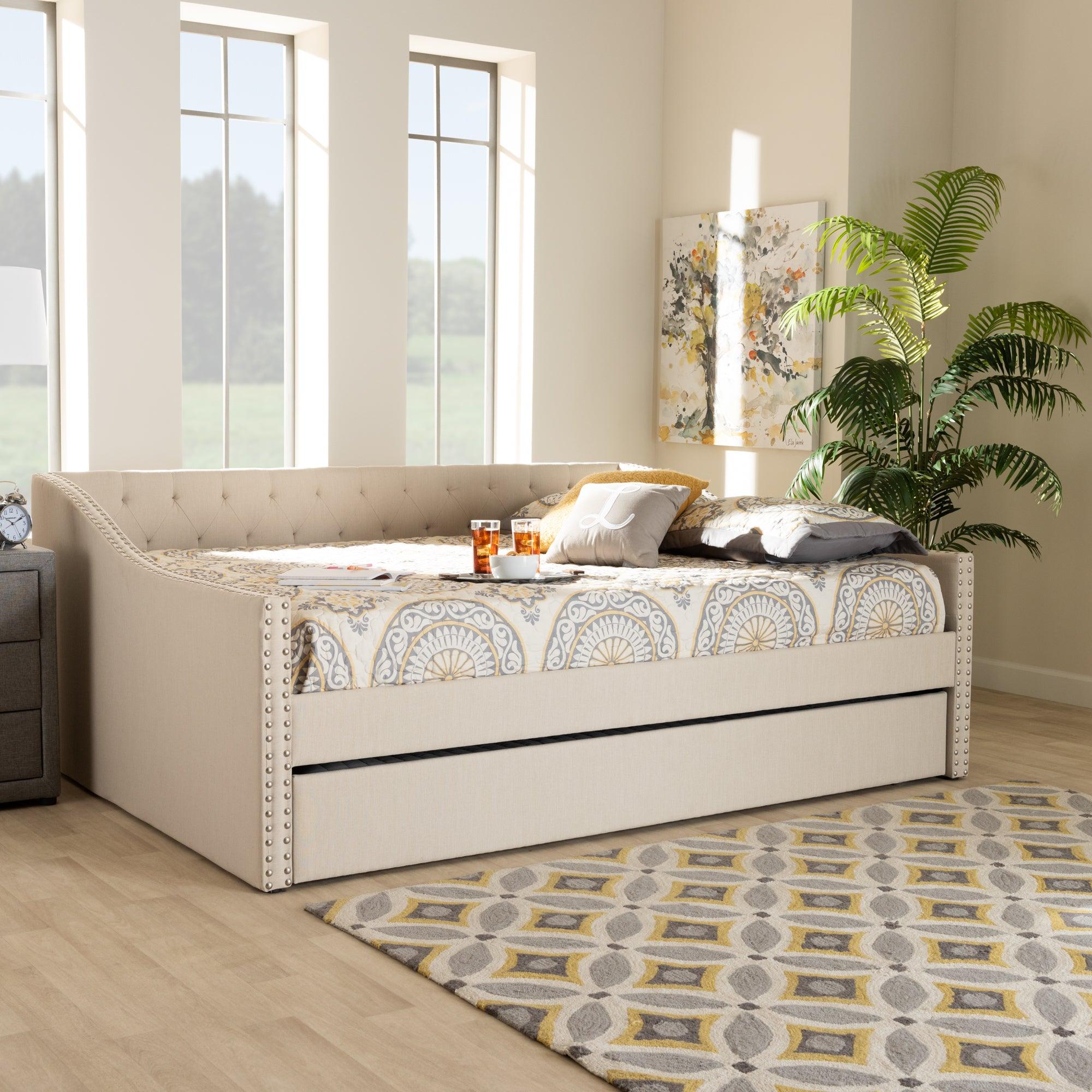 Haylie Modern and Contemporary Fabric Upholstered Daybed with Roll-Out Trundle Bed