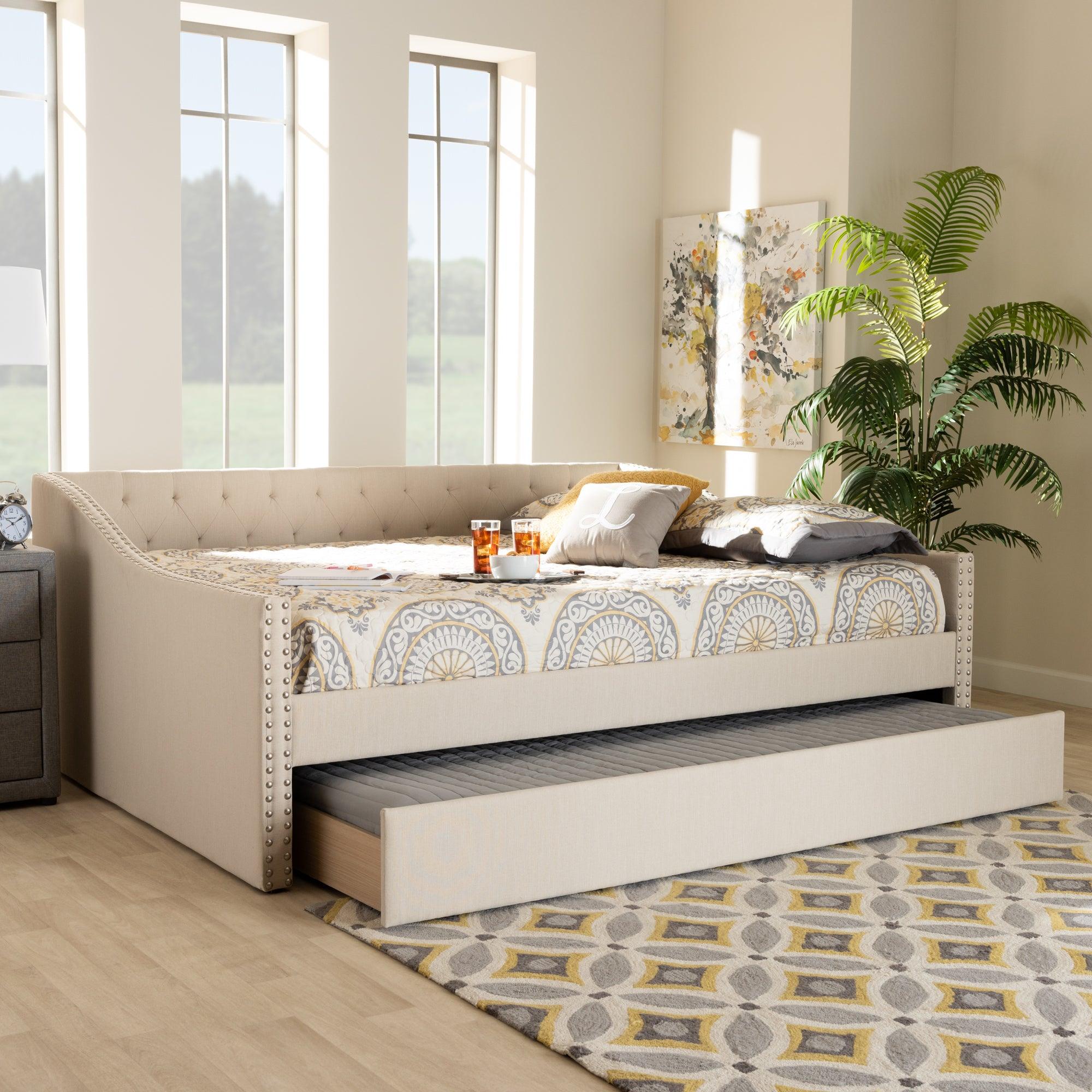 Haylie Modern and Contemporary Fabric Upholstered Daybed with Roll-Out Trundle Bed