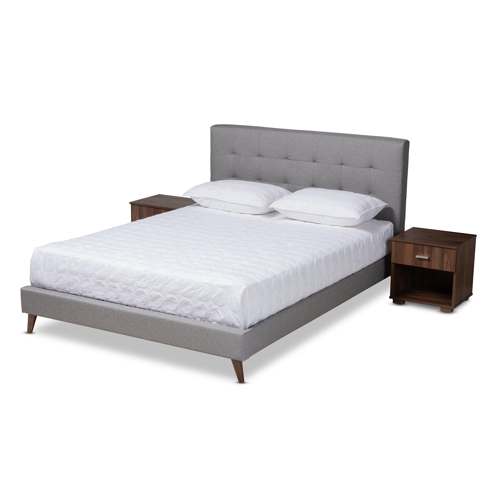 Maren Mid-Century Modern Light Fabric Upholstered Platform Bed with Two Nightstands