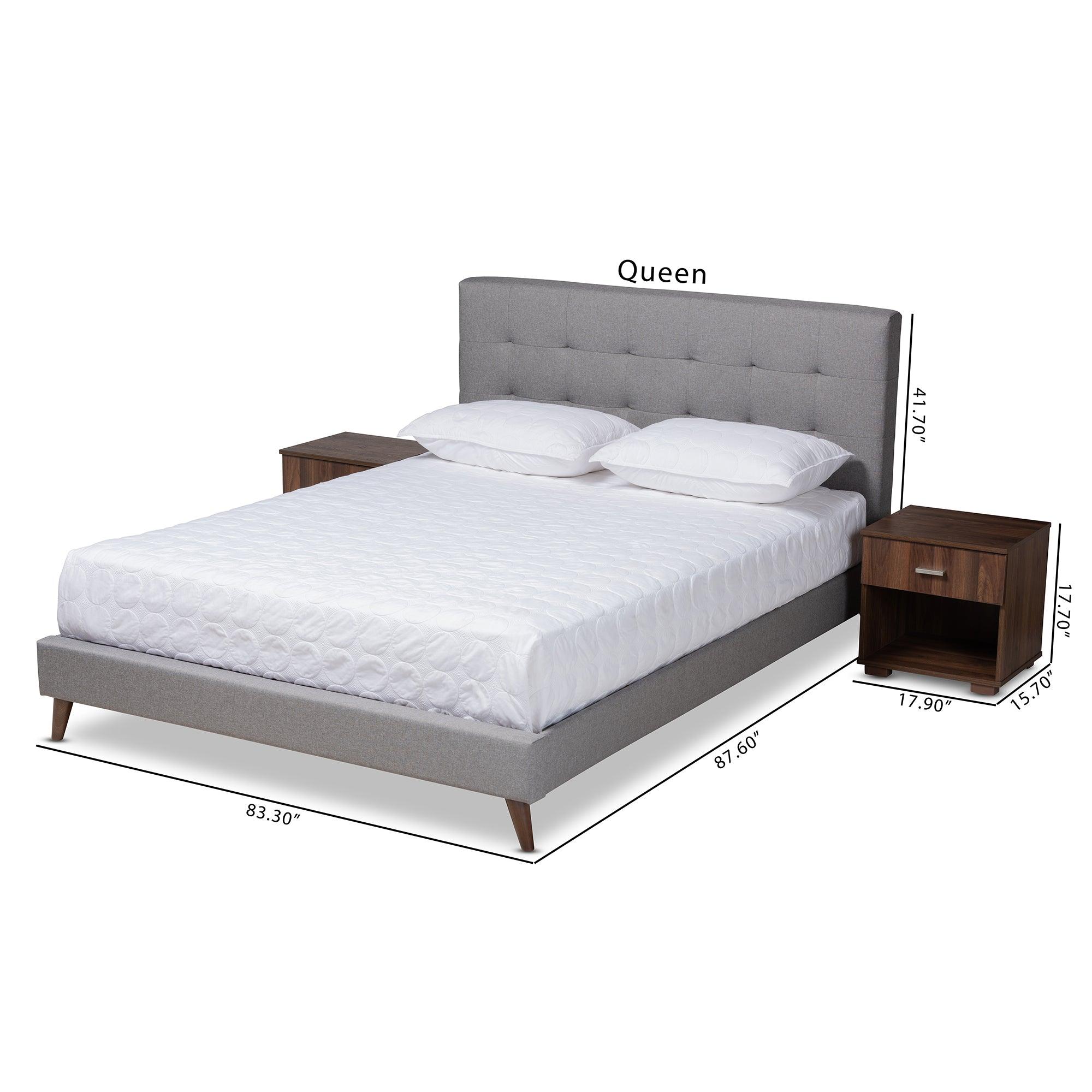 Maren Mid-Century Modern Light Fabric Upholstered Platform Bed with Two Nightstands