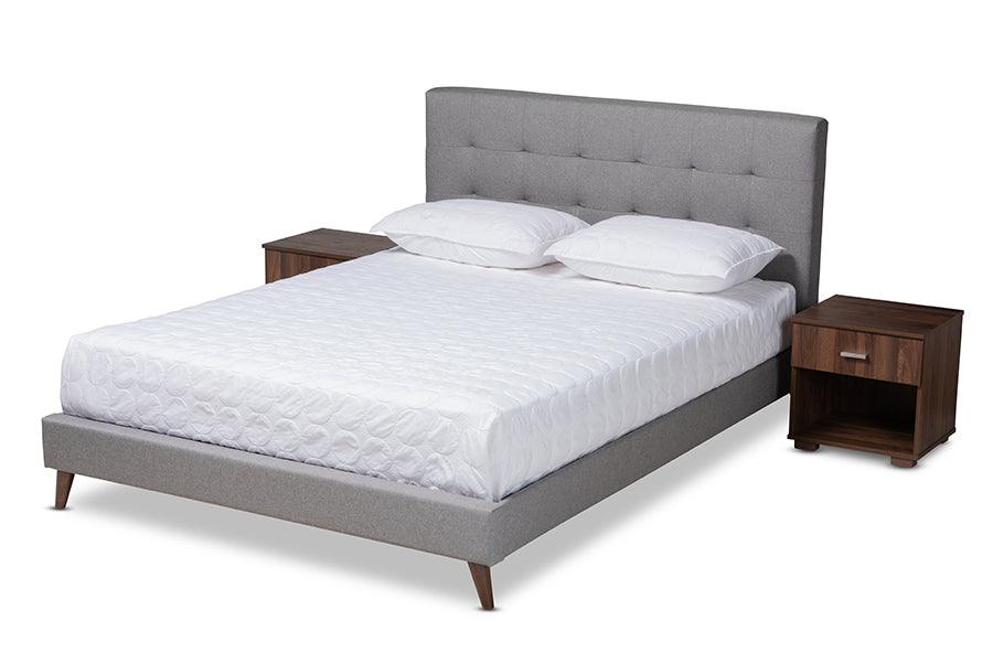 Maren Mid-Century Modern Light Fabric Upholstered Platform Bed with Two Nightstands