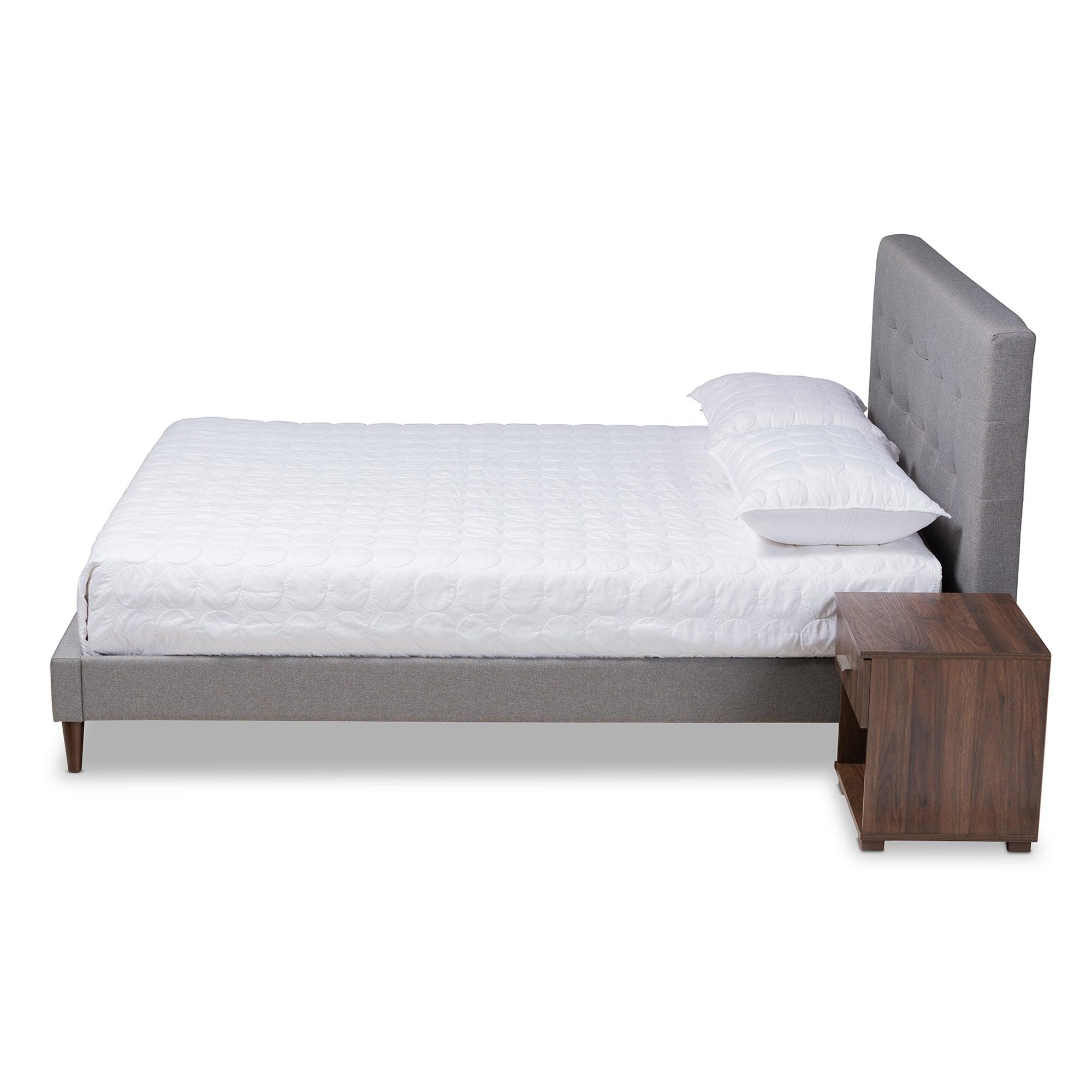 Maren Mid-Century Modern Light Fabric Upholstered Platform Bed with Two Nightstands