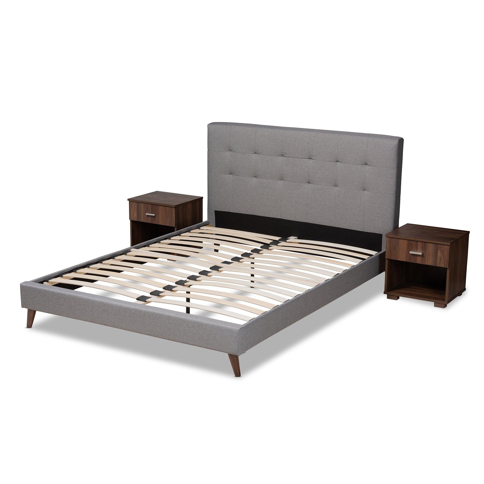 Maren Mid-Century Modern Light Fabric Upholstered Platform Bed with Two Nightstands