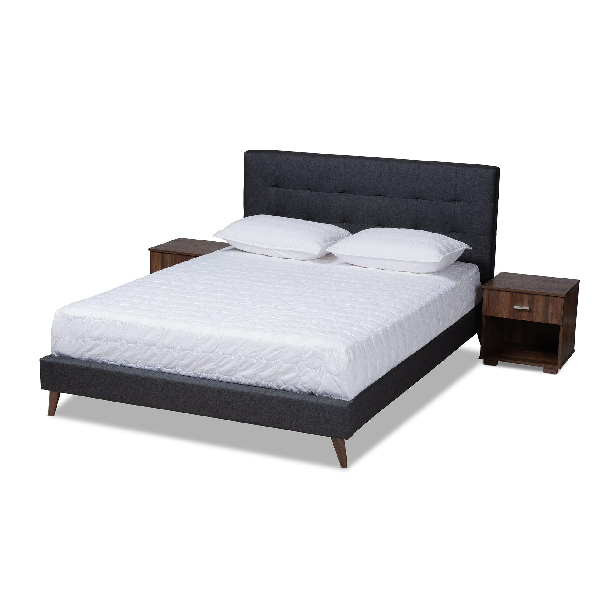 Maren Mid-Century Modern Dark Fabric Upholstered Platform Bed with Two Nightstands