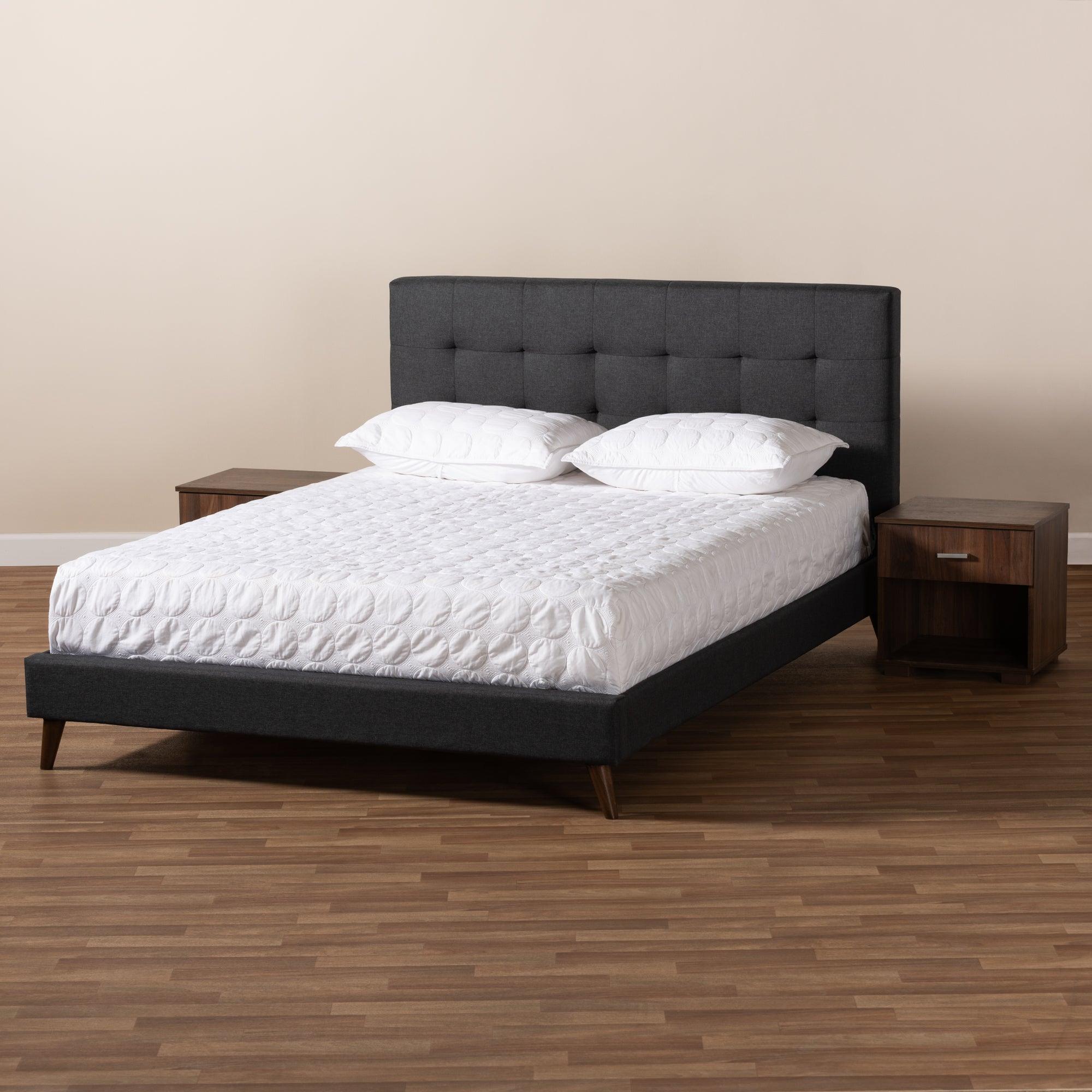 Maren Mid-Century Modern Dark Fabric Upholstered Platform Bed with Two Nightstands