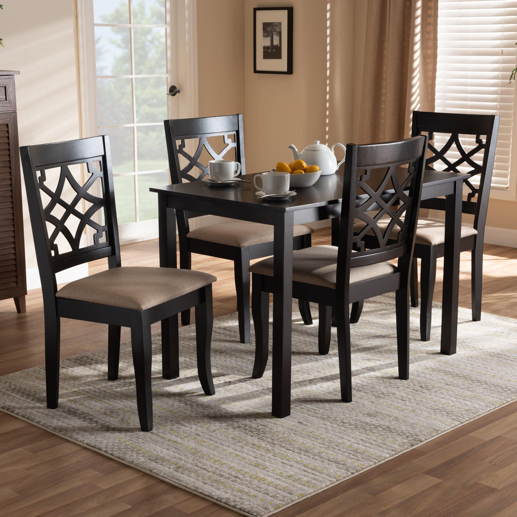 Mael Modern and Contemporary Sand Fabric Upholstered Espresso Finished 5-Piece Wood Dining Set