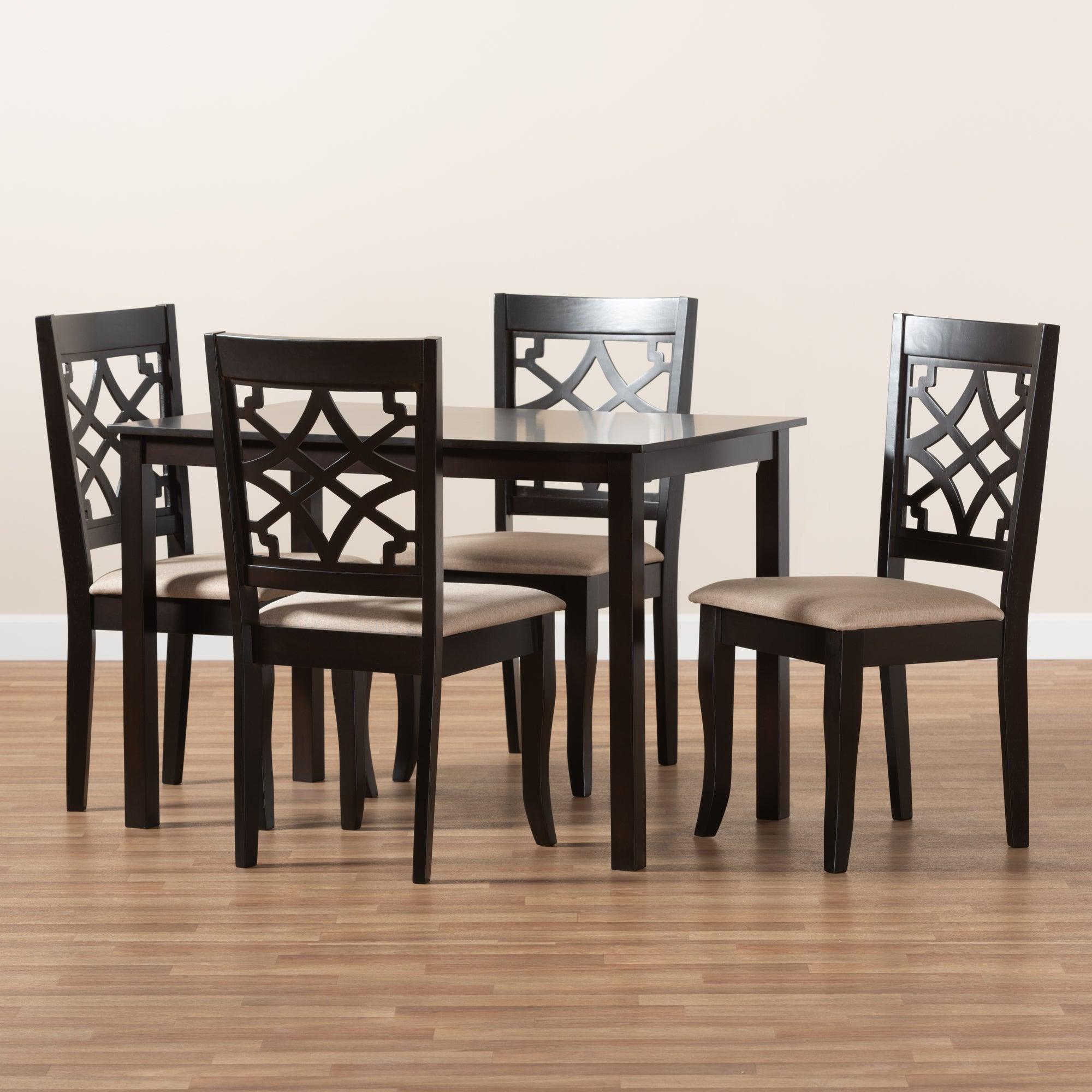 Mael Modern and Contemporary Sand Fabric Upholstered Espresso Finished 5-Piece Wood Dining Set