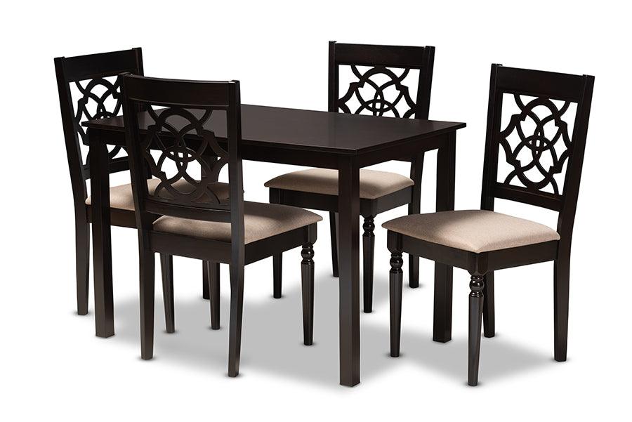 Renaud Modern and Contemporary Sand Fabric Upholstered Espresso Finished 5-Piece Wood Dining Set