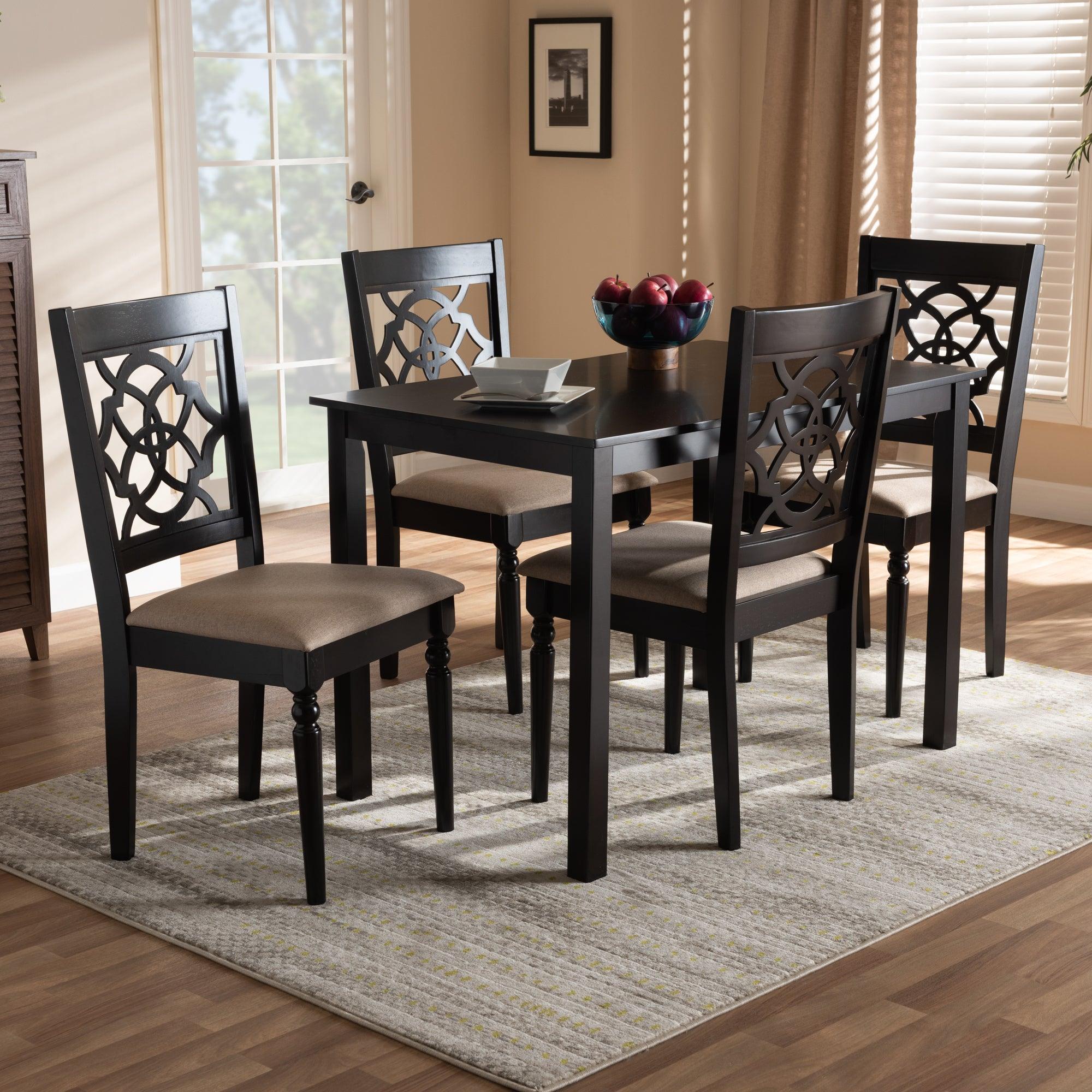 Renaud Modern and Contemporary Sand Fabric Upholstered Espresso Finished 5-Piece Wood Dining Set